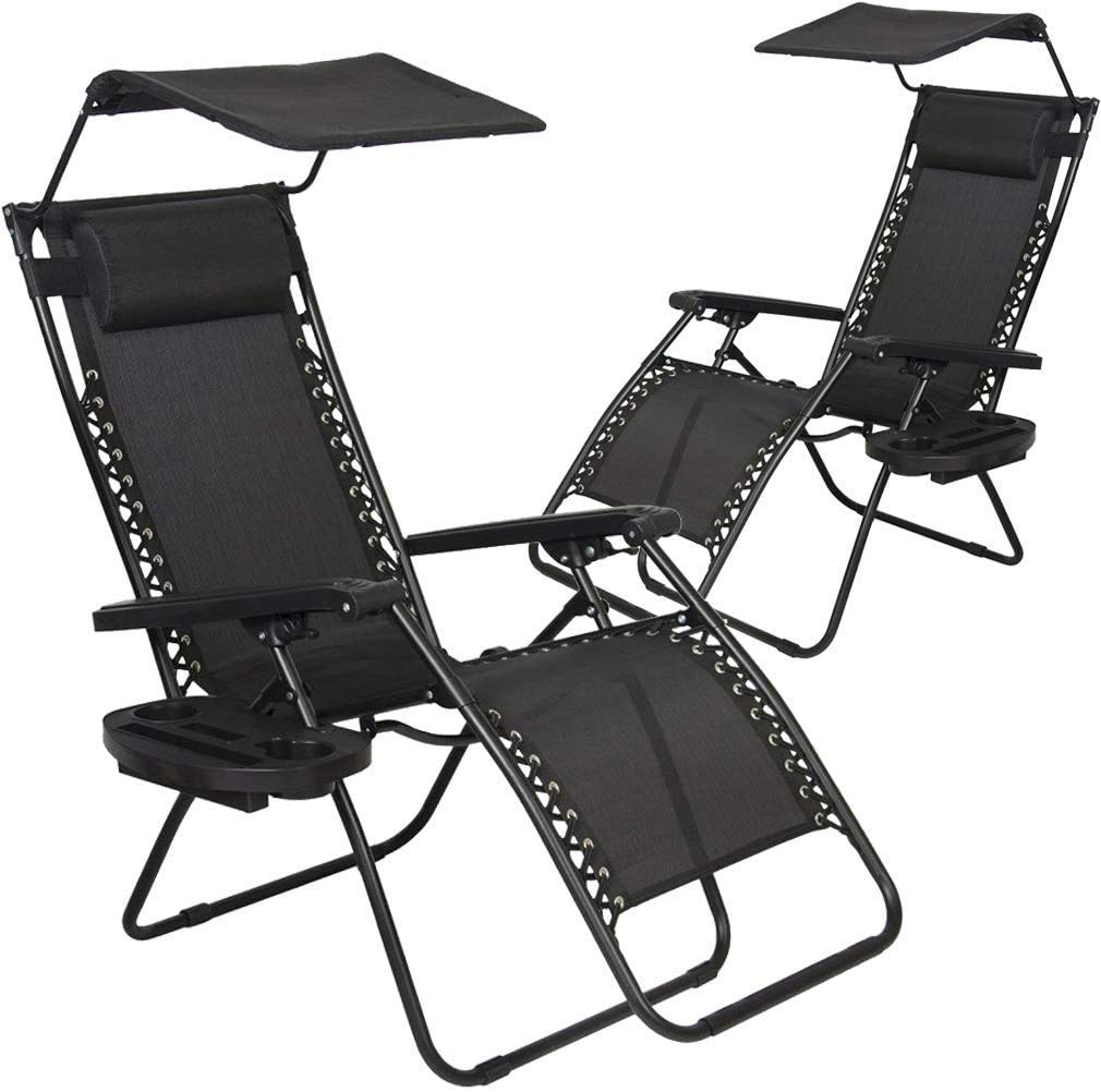 Zero Gravity Chair Set of 2 - Folding Recliners with Canopy Shade, Headrest & Cup Holder - 250lbs Capacity Patio Lounge Chairs for Camping, Beach, Poolside, Terrace & Lawn Relaxation