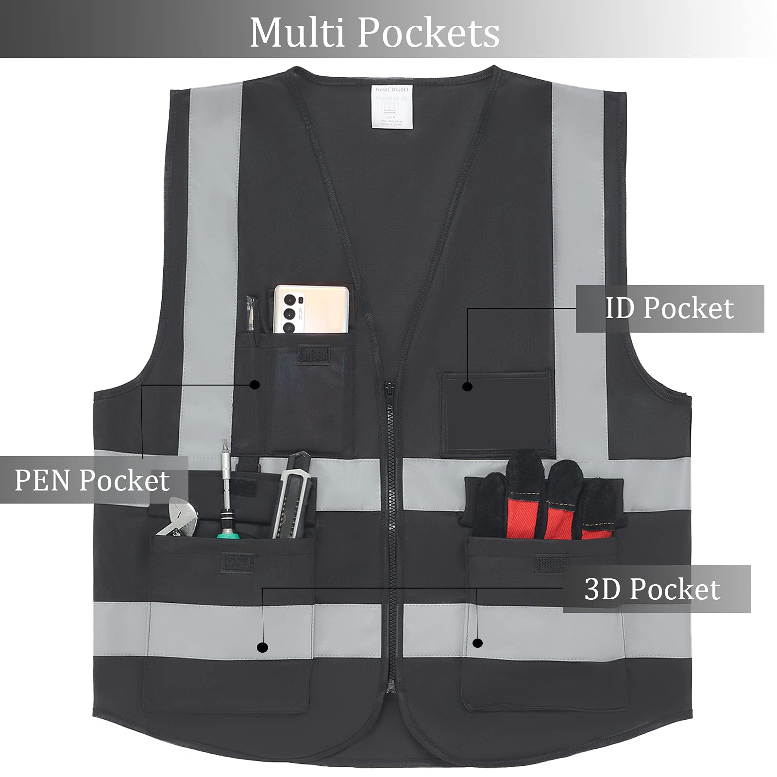 High Visibility Reflective Safety Vest with Pockets & Silver Stripes - ANSI Certified for Men & Women (Black, Medium) - Ideal for Construction, Cycling, Running & Night Work