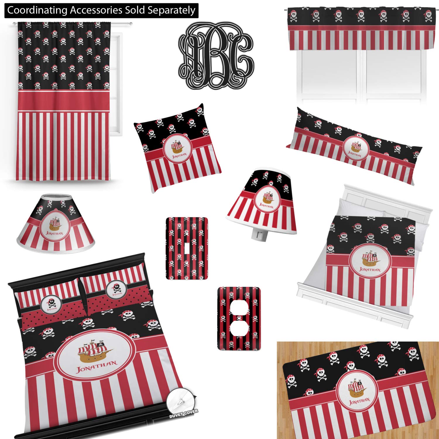 Personalized Pirate & Stripes Duvet Cover Set - Full/Queen Size Bedding - Perfect for Themed Bedrooms, Kids Rooms & Nautical Decor