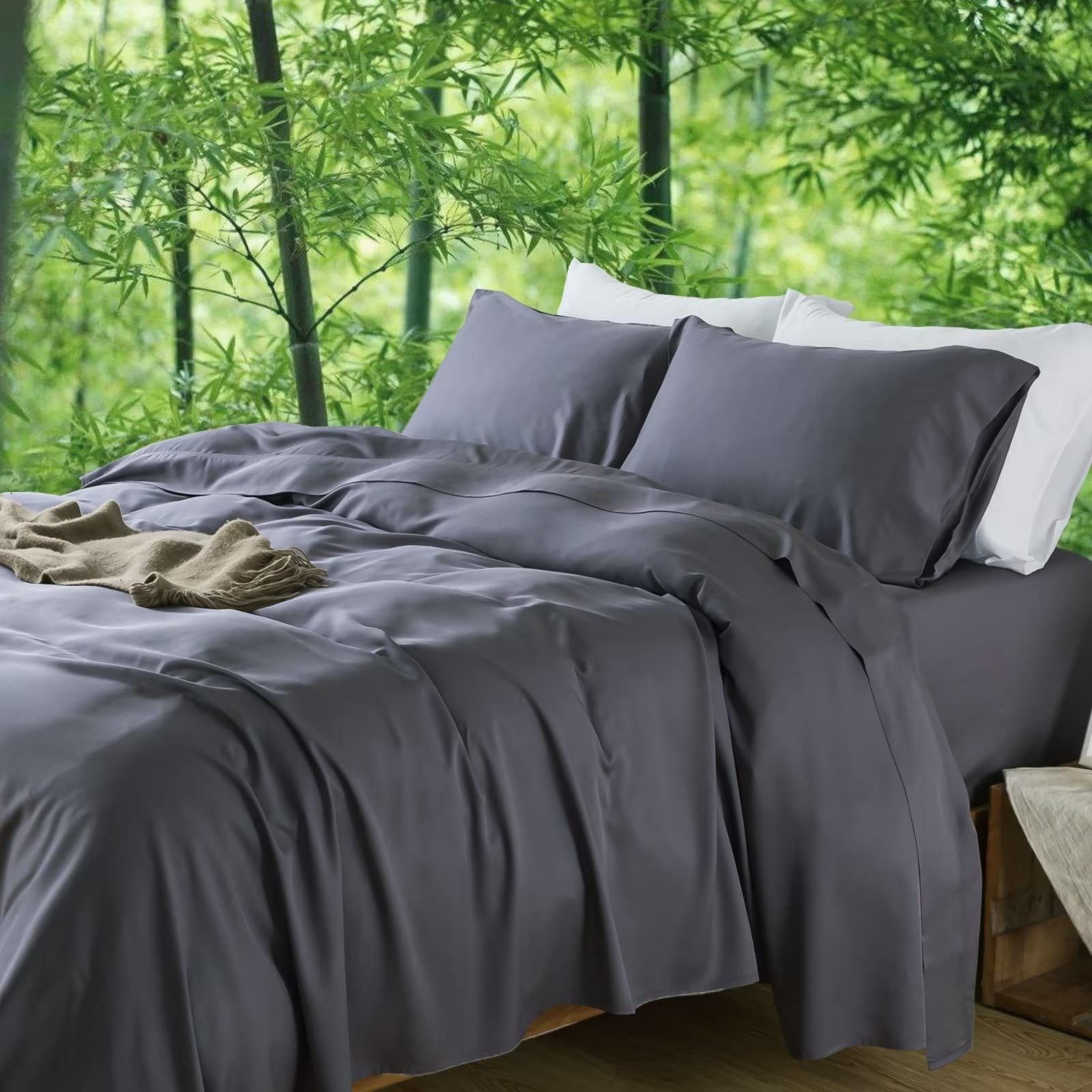 Premium Bamboo Cooling Sheets Set - King Size Gray 4PCs (Fitted Sheet, Flat Sheet, 2 Pillowcases) - 16
