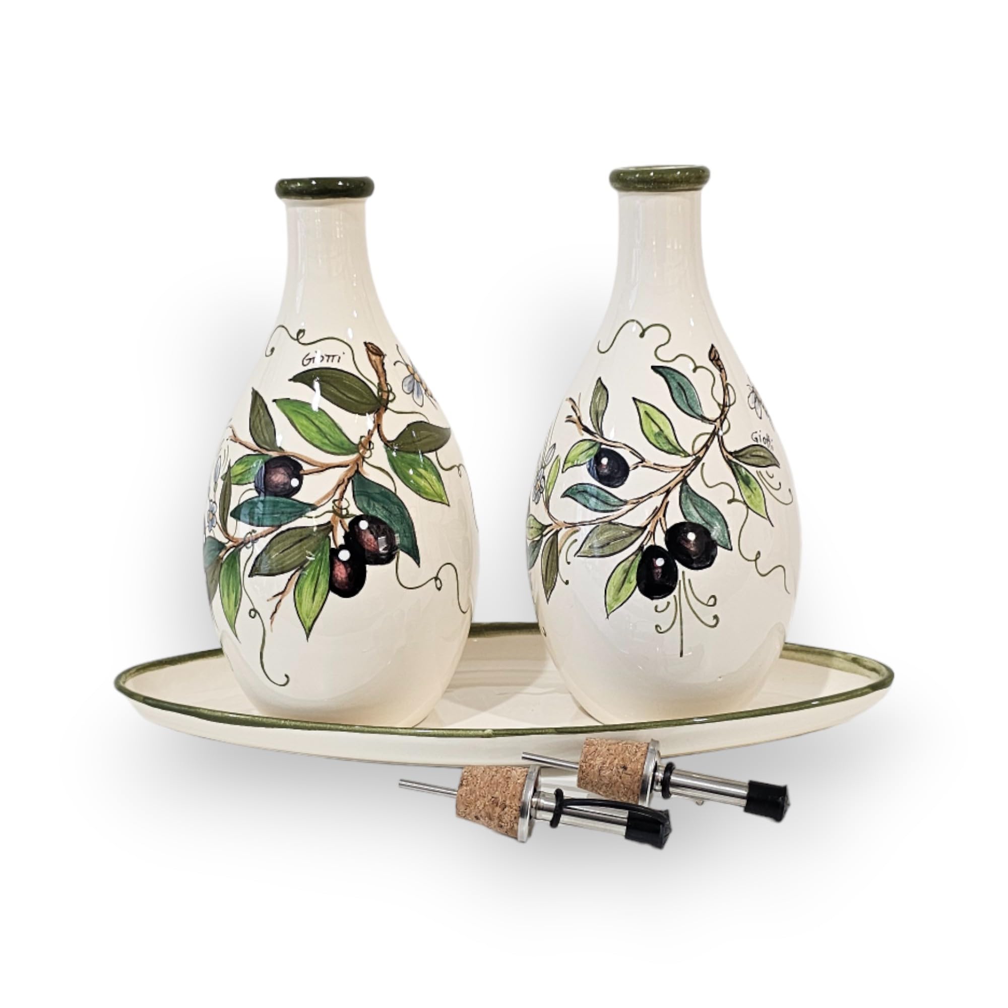 Italian Ceramic Oil and Vinegar Dispenser Set - 7 oz Hand-Painted Olive Design Kitchen Decor - Made in Tuscany, Italy - Elegant Pottery Bottles for Olive Oil & Balsamic - Perfect for Dining Tables, Countertops & Gift Giving