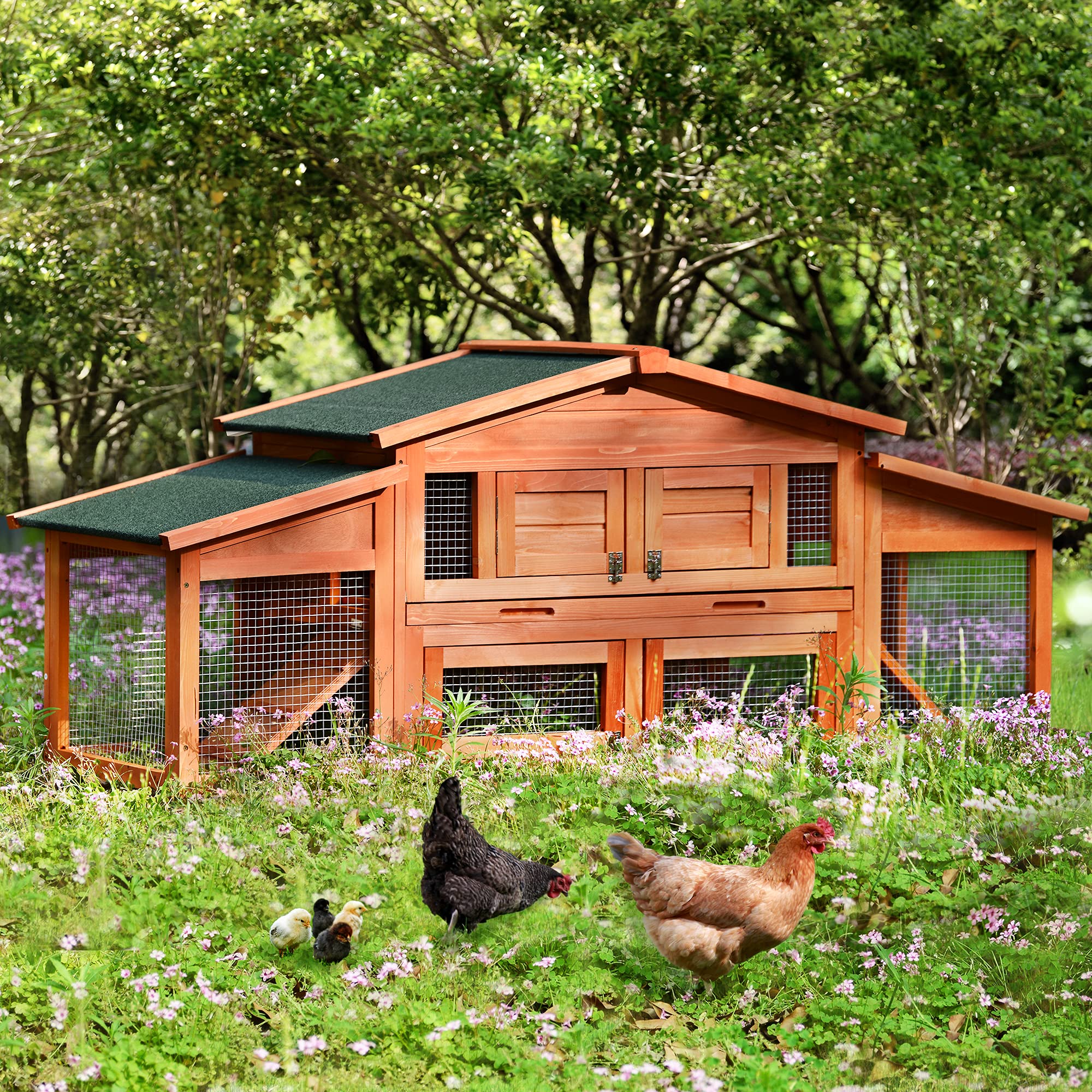 70-Inch Wooden Rabbit Hutch Outdoor - Spacious Pet House for Rabbits, Chickens, Dogs & Small Animals with 2 Run Play Areas - Durable Chicken Coop & Feeding Station - Perfect for Backyard, Garden & Outdoor Habitat Use
