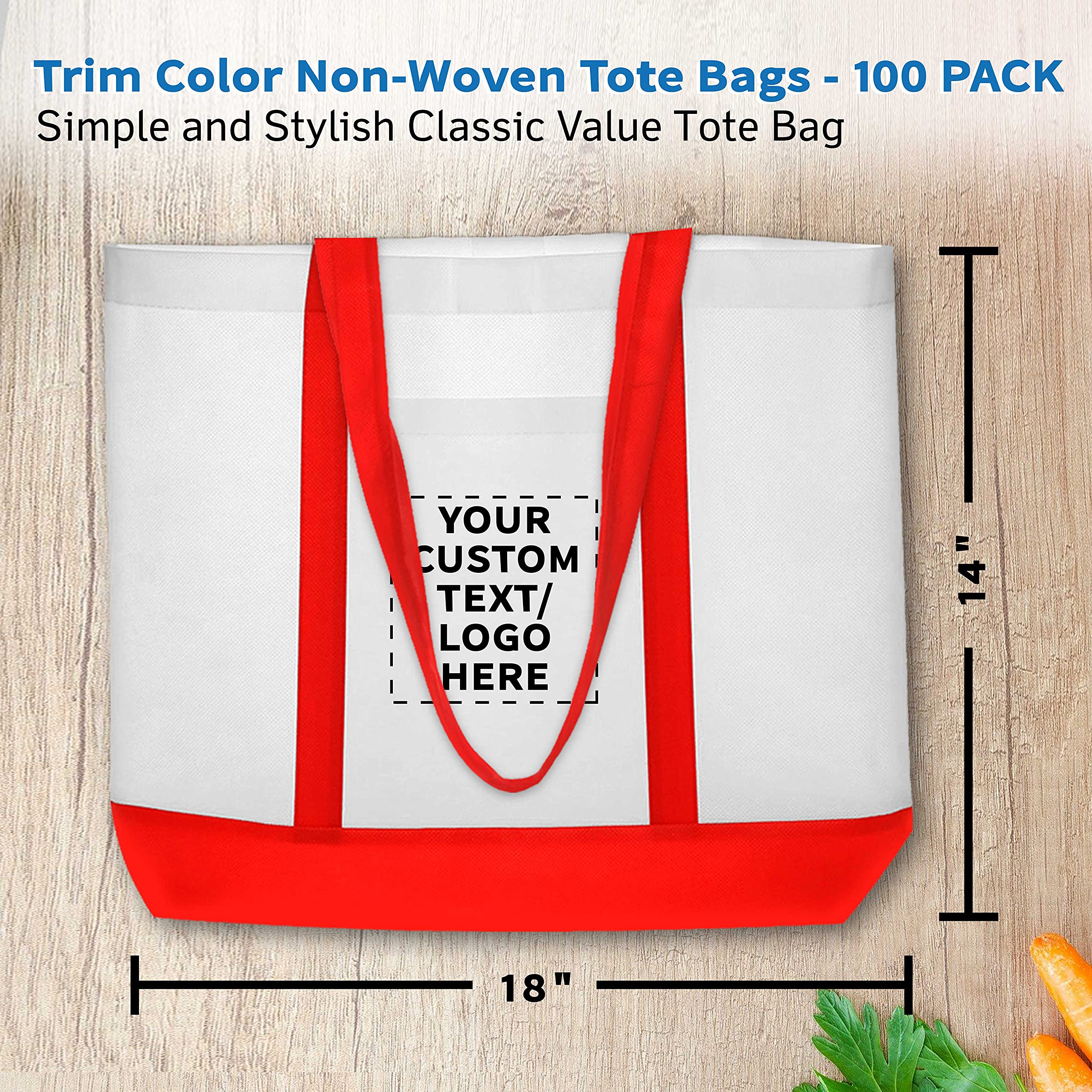 Customizable Non-Woven Tote Bags Set of 100 - Durable, Water Resistant, Two-Tone Design with Front Pocket - 18