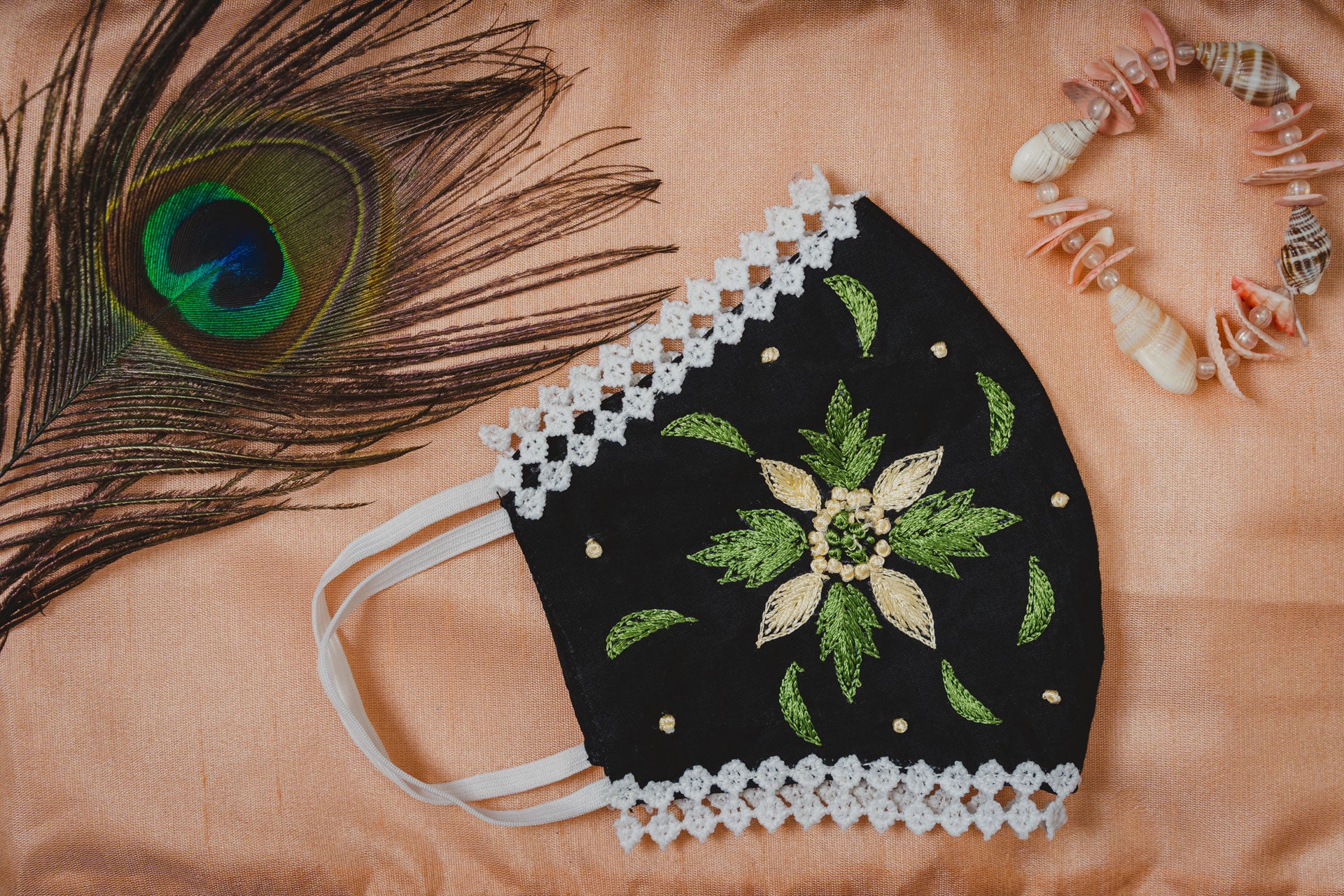 Black Geometric Floral Embroidery Cotton Face Mask - Reusable Washable Breathable Fabric for Daily Wear, Outdoor Activities & Fashion Accessory