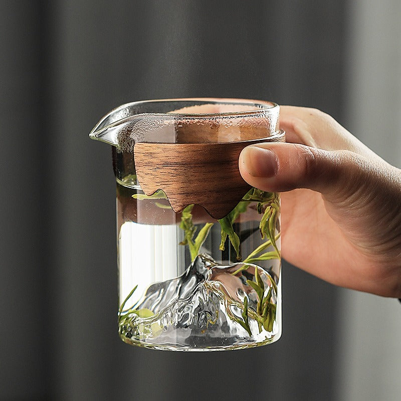 Premium Mountain Glass Fair Cup with Natural Bamboo Handle - Perfect for Tea, Coffee & Hot Beverages at Home, Office or Outdoor Camping