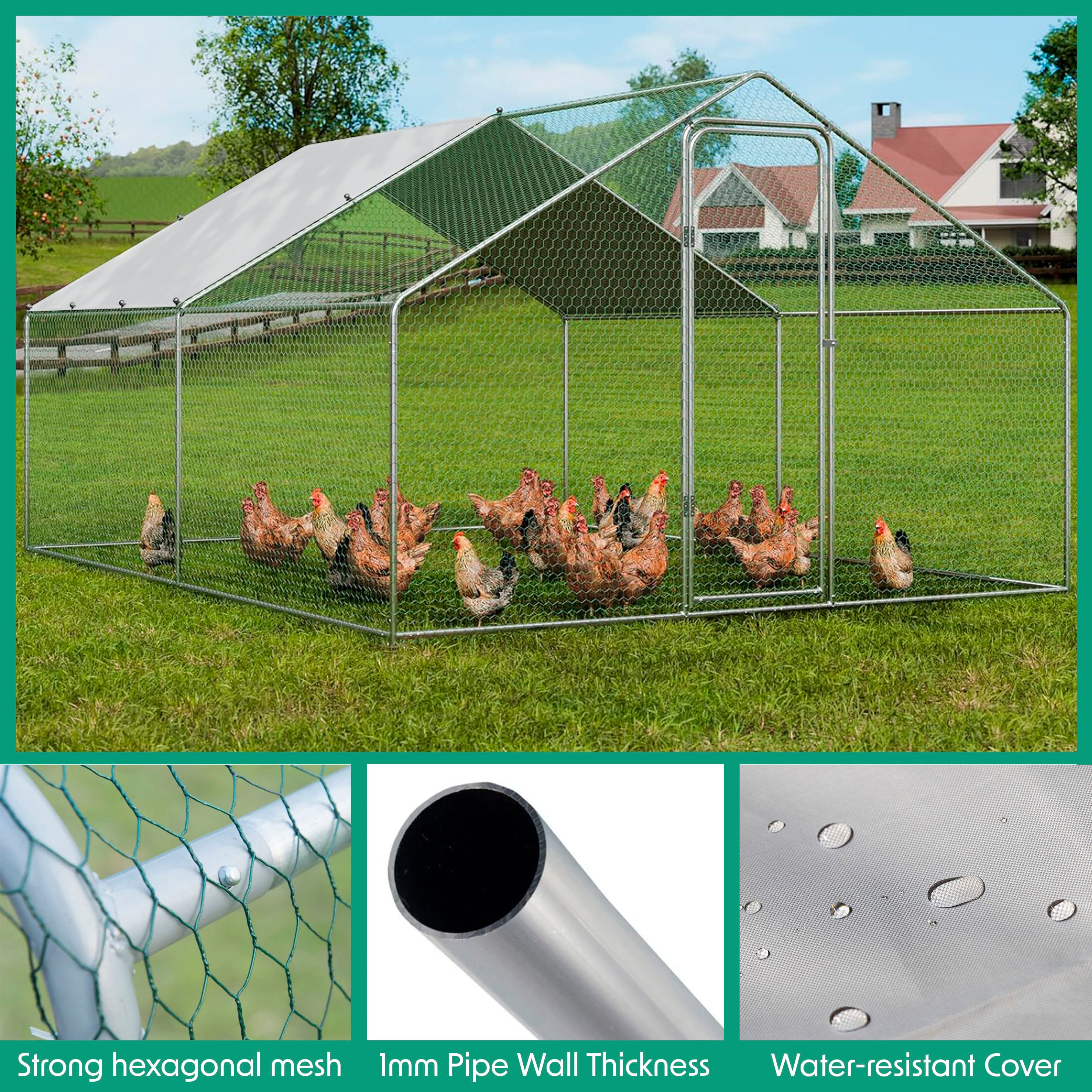 3x4m Walk-In Galvanized Steel Chicken Coop Run with Solar Roof Cover & PVC Coated Wire Mesh - Durable Poultry Enclosure for Chickens, Ducks, and Small Animals - Perfect for Backyard Farming, Urban Homesteading, and Free-Range Poultry Protection