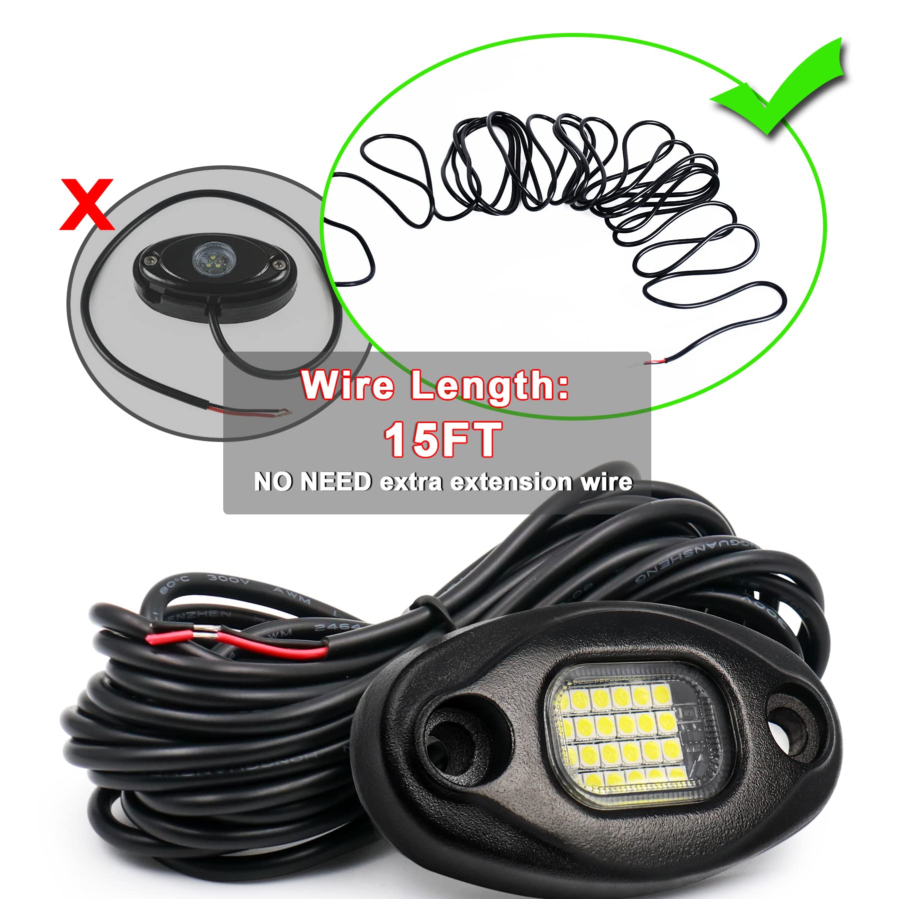 4PCS ALIGZ White Rock Lights with 15FT Wiring Harness - Waterproof LED Underglow Lights for Trucks, UTV, ATV, RZR - Off-Road Vehicle Accent Lighting for Night Driving & Custom Car Styling - Enhance Safety & Visibility for Off-Roading, Night Cruising & Vehicle Customization - Perfect for Trail Rides, Mudding, Camping & Outdoor Adventures - Ideal for Jeep, Truck & Off-Road Enthusiasts - Great for Car Shows, Nighttime Safety & Off-Road Exploration