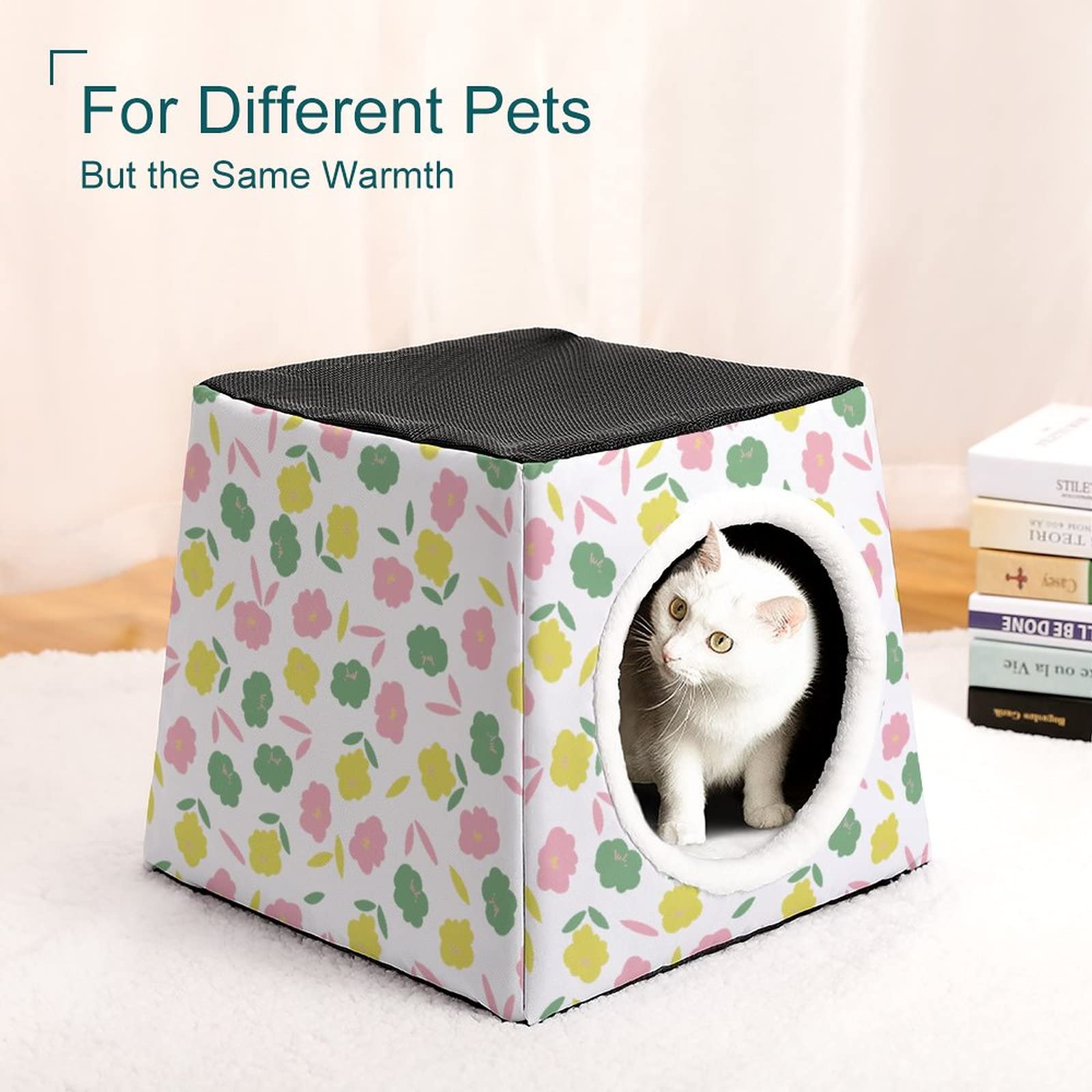 3-in-1 Foldable Cat House with Removable Cushion - Convertible Cat Bed, Sofa & Scratching Toy for Indoor Cats (Green Pink Floral Design) - Perfect for Small Spaces, Apartments & Cozy Pet Napping Areas