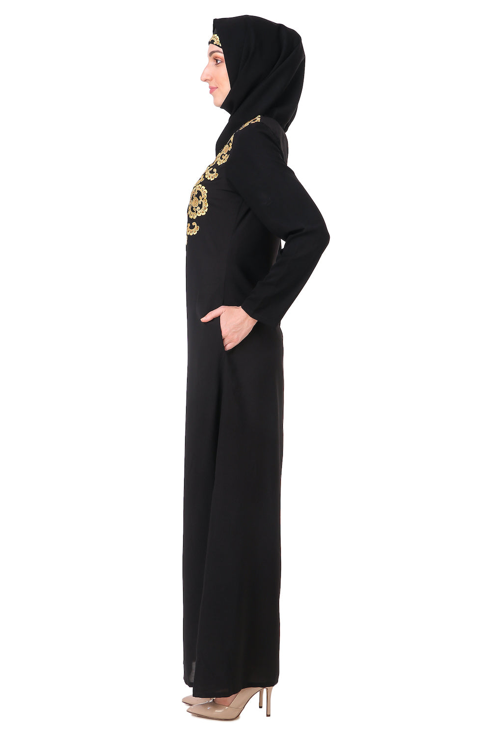 Hand Embroidered Gold & Copper Neck Abaya Dress - Elegant Islamic Modest Fashion for Women | Perfect for Eid, Wedding & Special Occasions