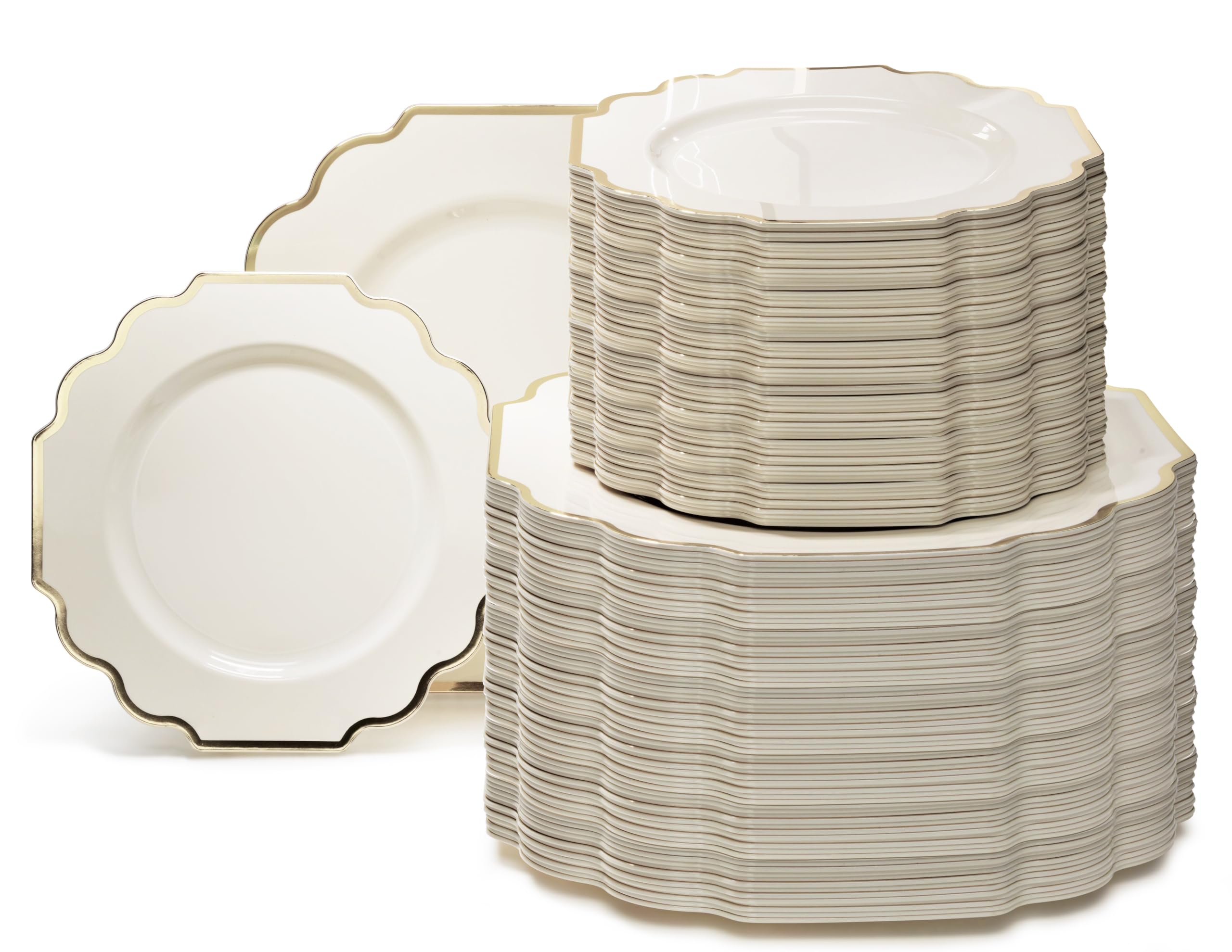240-Pack Heavyweight Disposable Plastic Plates Set for Weddings & Parties - 120 x 10.5'' Dinner Plates + 120 x 8'' Salad/Dessert Plates in Imperial Ivory & Gold - Elegant Disposable Tableware for Wedding Receptions, Bridal Showers, Birthday Parties & Catering Events