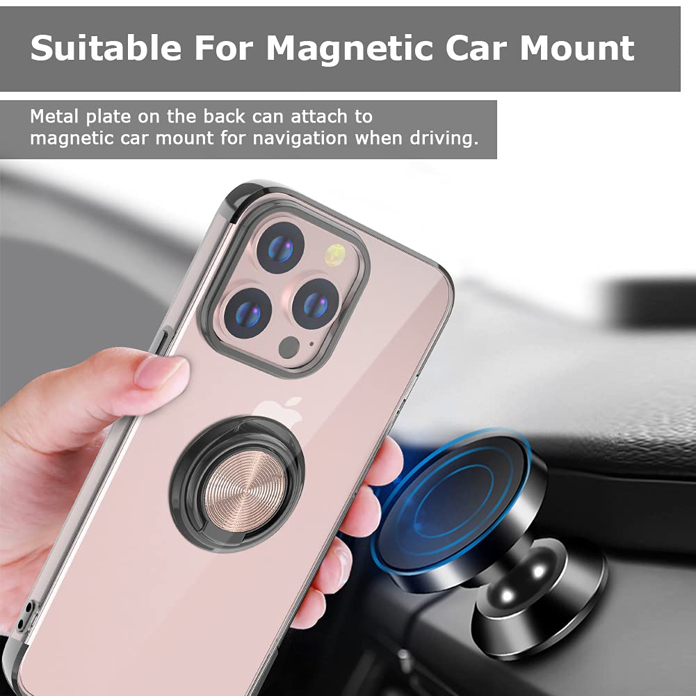 Ultra Slim Soft TPU iPhone 13 Pro Case 6.1 Inch with Rotatable Ring Kickstand & Magnetic Car Mount - Black | Perfect for Daily Use, Travel & Hands-Free Viewing