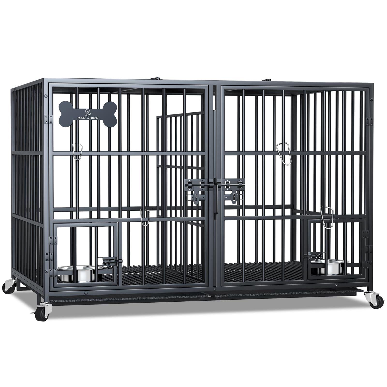 aboxoo 48/42 Inch XL Heavy Duty Metal Dog Crate - Indoor Kennel for Large Dogs or Double Medium Dogs | Open Top Design with Wheels, Floor Grid, Removable Tray, Divider & Feeding Bowl | Perfect for Home, Travel & Vet Visits
