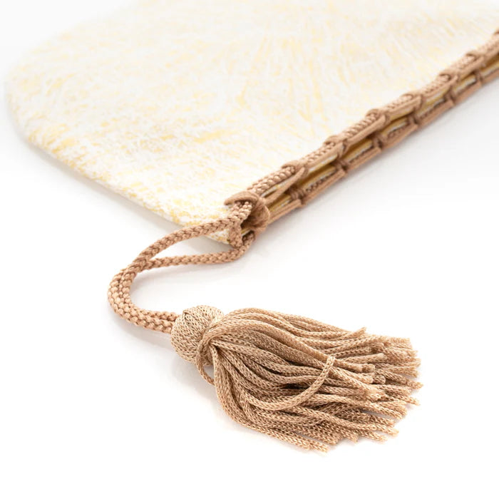 Nishijin Ori Small Drawstring Bag - Crumpled Gold & White Pattern - Handmade Kyoto Japan - Traditional Japanese Craft Purse for Coins, Jewelry & Gift Giving
