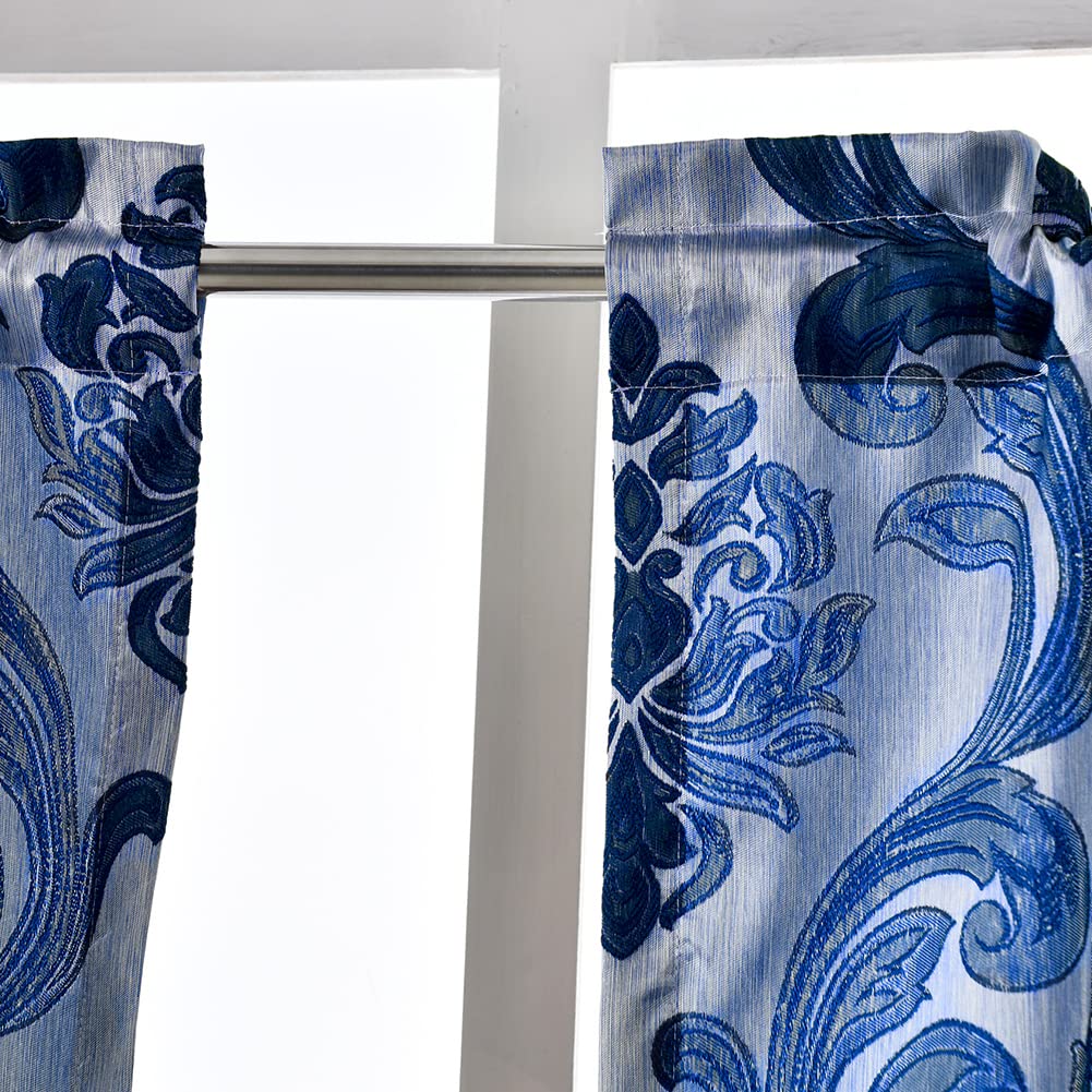 Navy Blue Jacquard Kitchen Curtains Set - 3 Piece Rod Pocket Valance & Tier Panels (36 Inch Length) for Small Windows - Perfect for Cafe, Bathroom & Farmhouse Style Decor