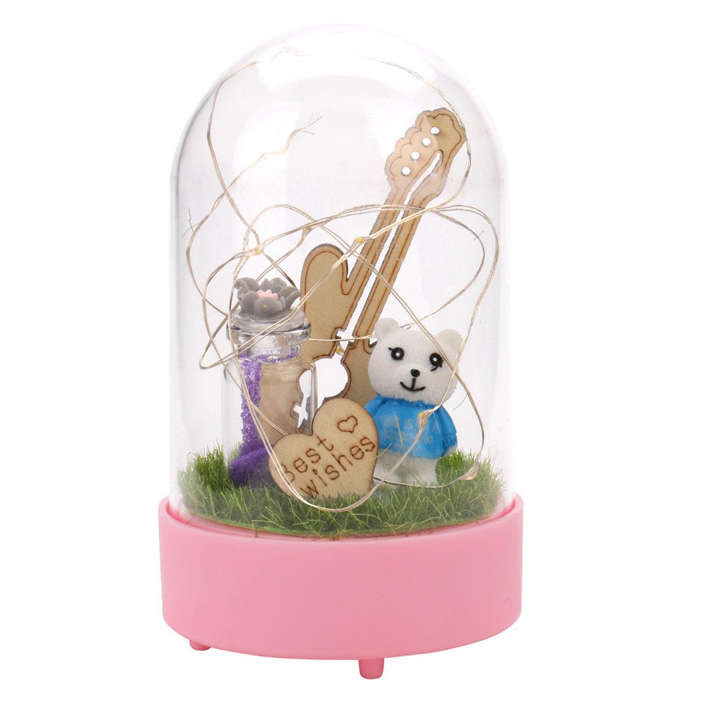 Amiley Fairy Tales Rose Kit - Red Silk Rose with LED Light & Leaves in Glass Dome on Wooden/Plastic Base - Romantic Home Decor for Wedding, Anniversary, Holiday Party & Valentine's Day Gifts