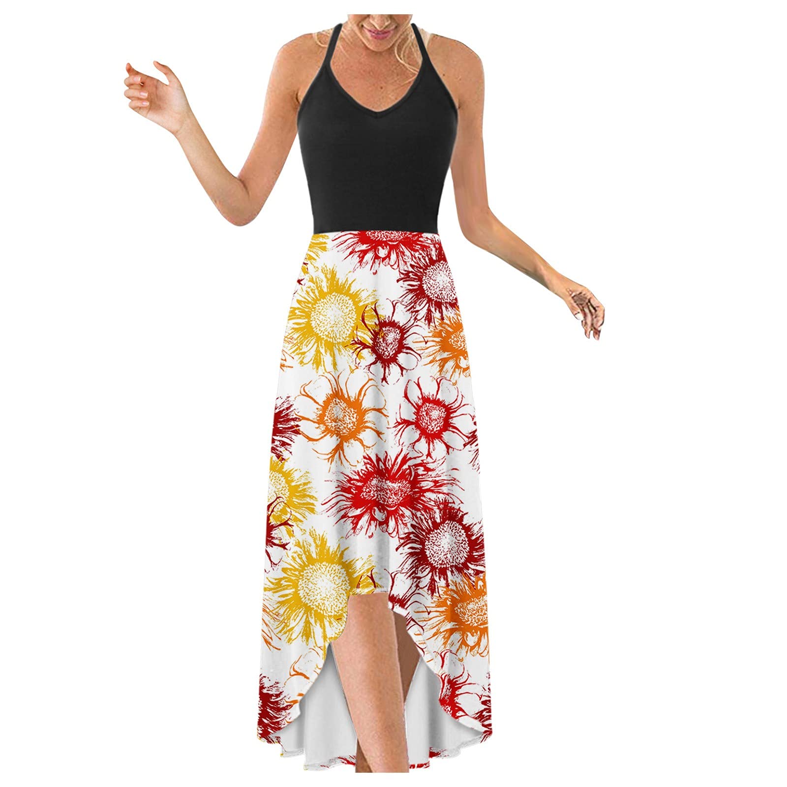 Women's Floral Print Sundress - V Neck Short Sleeve Beach Dress with High-Low Hem for Summer Vacation, Pool Party & Casual Outings
