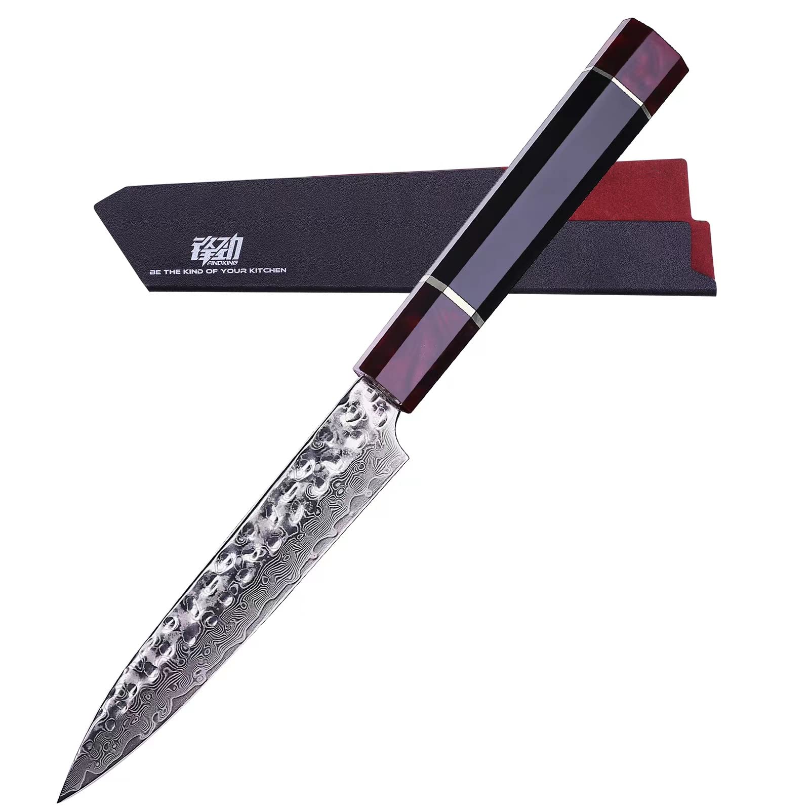 FINDKING 5 Inch Japanese Damascus Steel Utility Knife - Multi-Purpose Paring Knife with ABS Sheath & Octagonal Resin Handle - Perfect for Fruits, Vegetables, Meat Trimming & Camping - Eternity Series Kitchen Knife