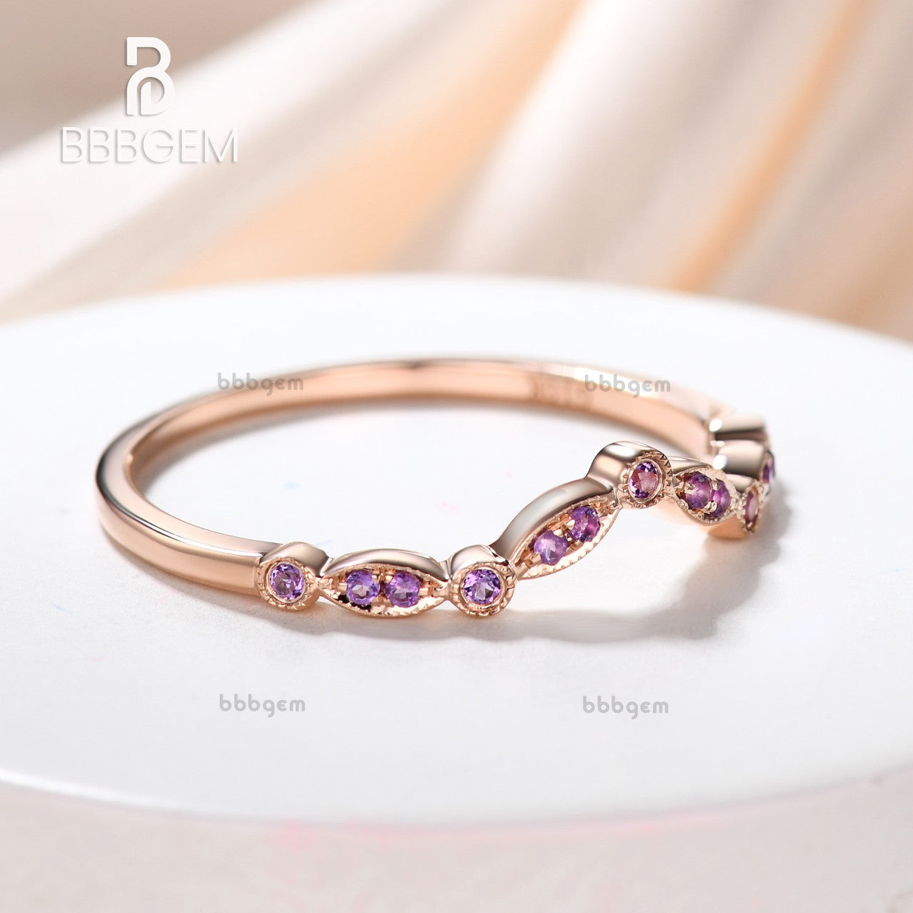 14K Rose Gold Milgrain Marquise Curve V Amethyst Wedding Band – Elegant Bridal Ring for Women, Perfect for Engagement, Anniversary & Special Occasions