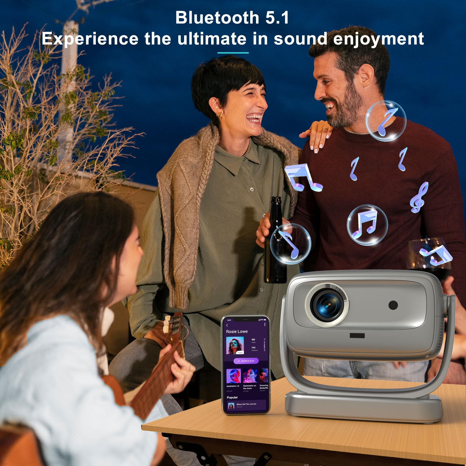 4K WiFi Bluetooth Portable Outdoor Projector - 700ANSI Auto Focus & Keystone, 360° Stand, Netflix Licensed, 3D Support | Smart Home Theater, Camping, Backyard Movie Nights, Ceiling Projection