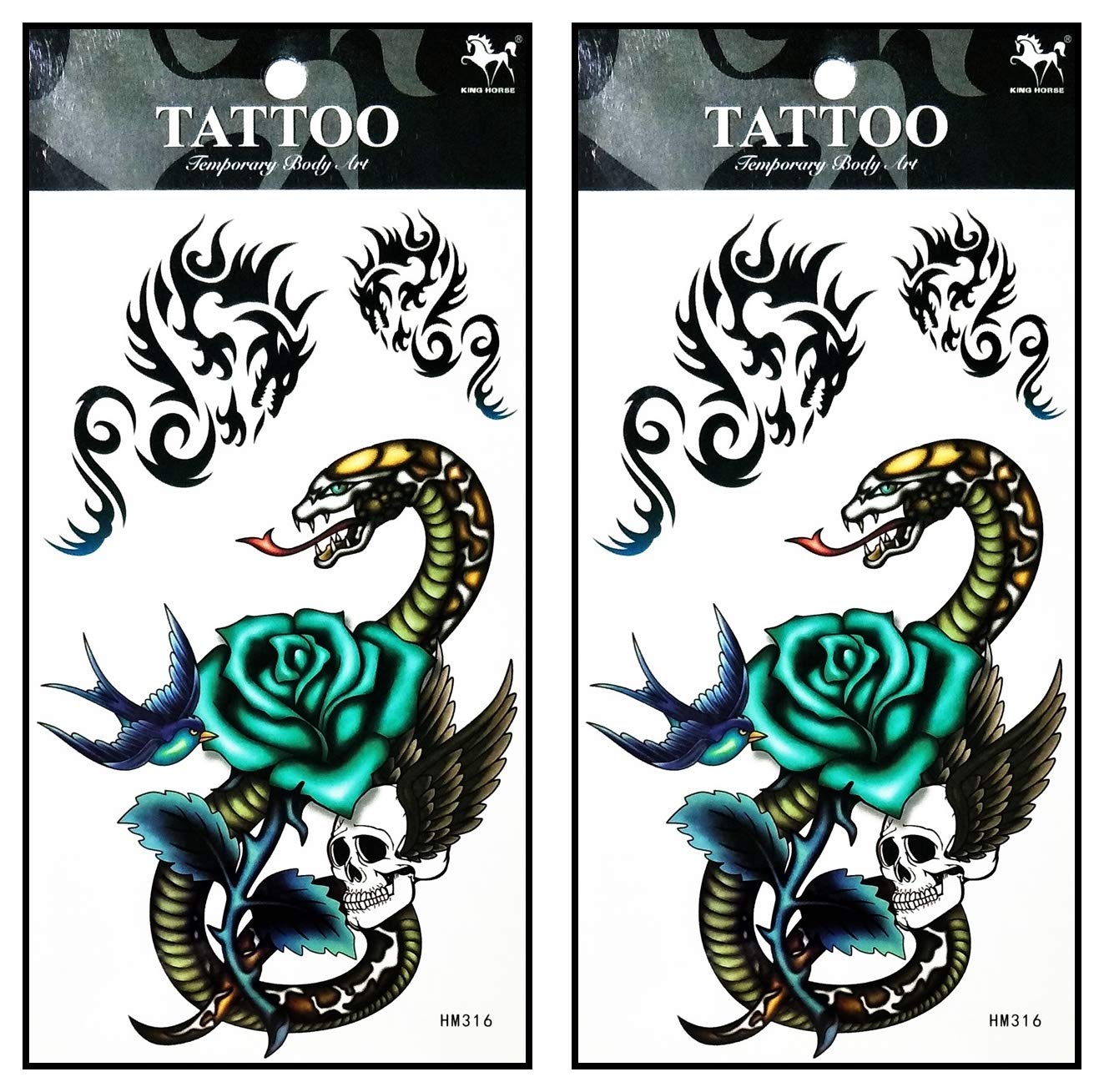 Blue Rose Snake Dragon Skull Wing Temporary Tattoos - 2 Sheets Waterproof Fake Body Art Stickers for Halloween, Cosplay, Parties & Festivals - Easy to Apply & Remove