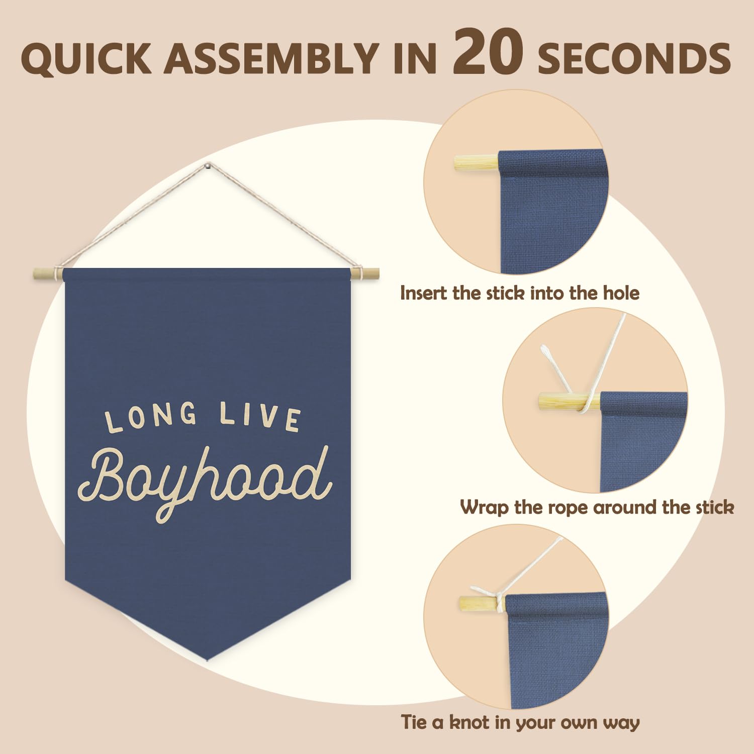Navy Blue Boys Room Decor - Long Live Boyhood Canvas Banner for Nursery, Playroom & Teen Bedroom - 15x11 Inch Wall Hanging Flag - Perfect for Toddler Decorations, Birthday Parties & Boys Bedroom Themes