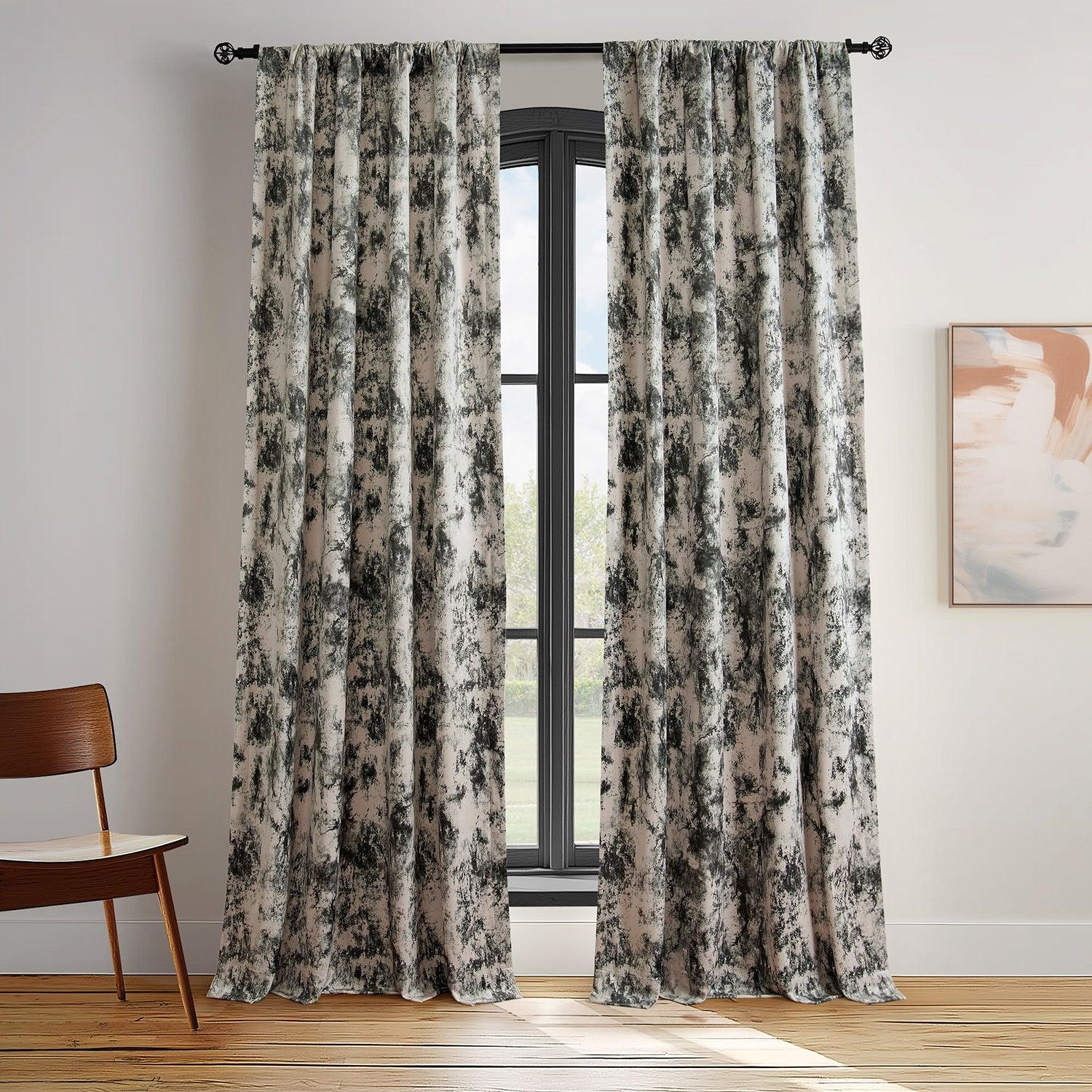 Black Abstract Barcelona Velvet Blackout Curtains for Living Room & Bedroom - Modern Inkblot Design for Light Blocking & Privacy - Home Decor & Window Treatment