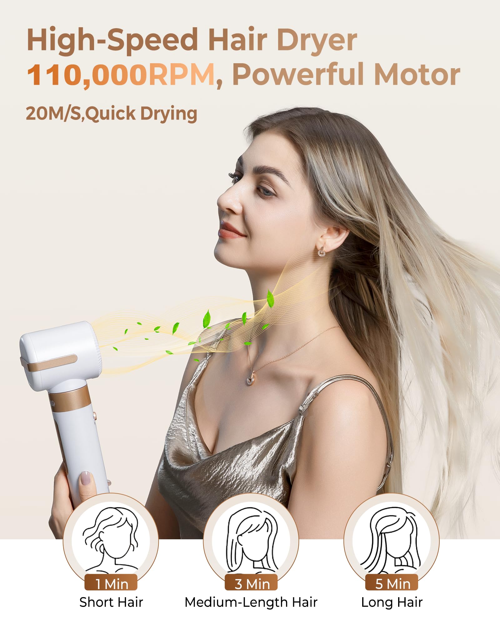 UKLISS Professional Ionic Hair Dryer Brush - 110,000 RPM Hot Air Styler, 7-in-1 Multifunctional Blow Dryer & Curler for Straight, Wavy & Curly Hair | Salon Quality Styling Tool with Negative Ion Technology (White Gold) | Perfect for Home Use, Travel & Salon Styling