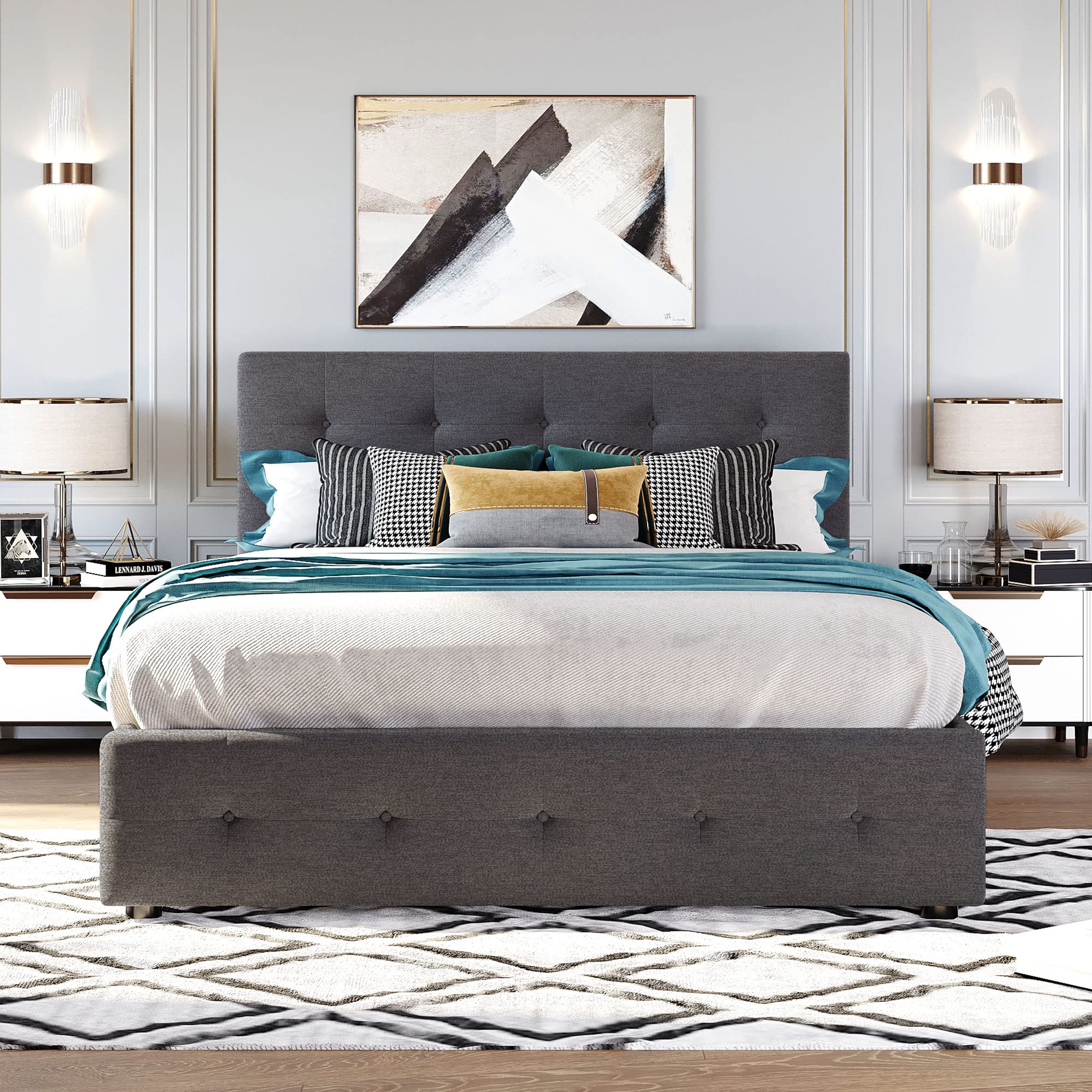 Queen Size Upholstered Platform Bed with 2 Storage Drawers & Twin XL Trundle - Linen Fabric Wooden Bed Frame in Dark Gray | Space-Saving Storage Solution for Small Bedrooms & Guest Rooms