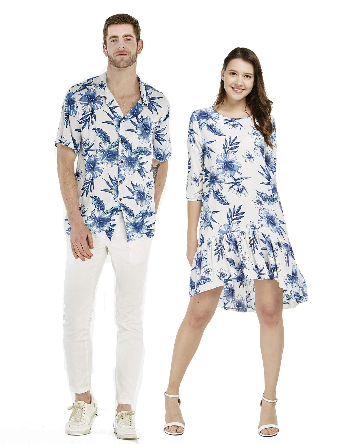 Vibrant Neon Sunset Couple Matching Hawaiian Luau Shirts & 3/4 Sleeve Ruffle Dresses - Tropical Beach Party Outfits for Summer Vacations, Honeymoons, and Hawaiian Theme Parties