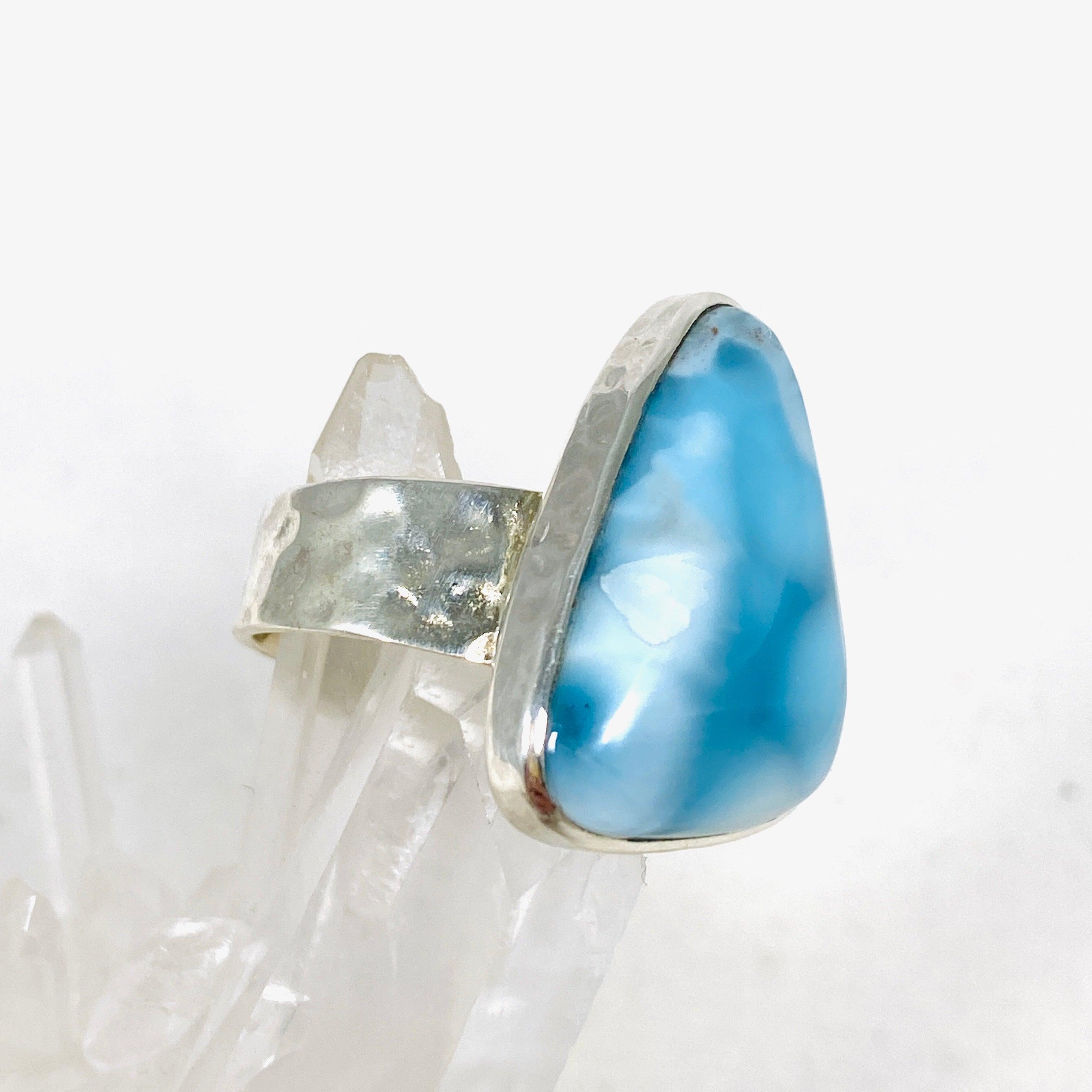 Larimar Triangular Ring with Hammered Band - Size 11 Sterling Silver Jewelry KRGJ3101 | Perfect for Boho Fashion, Beach Weddings & Gift Giving