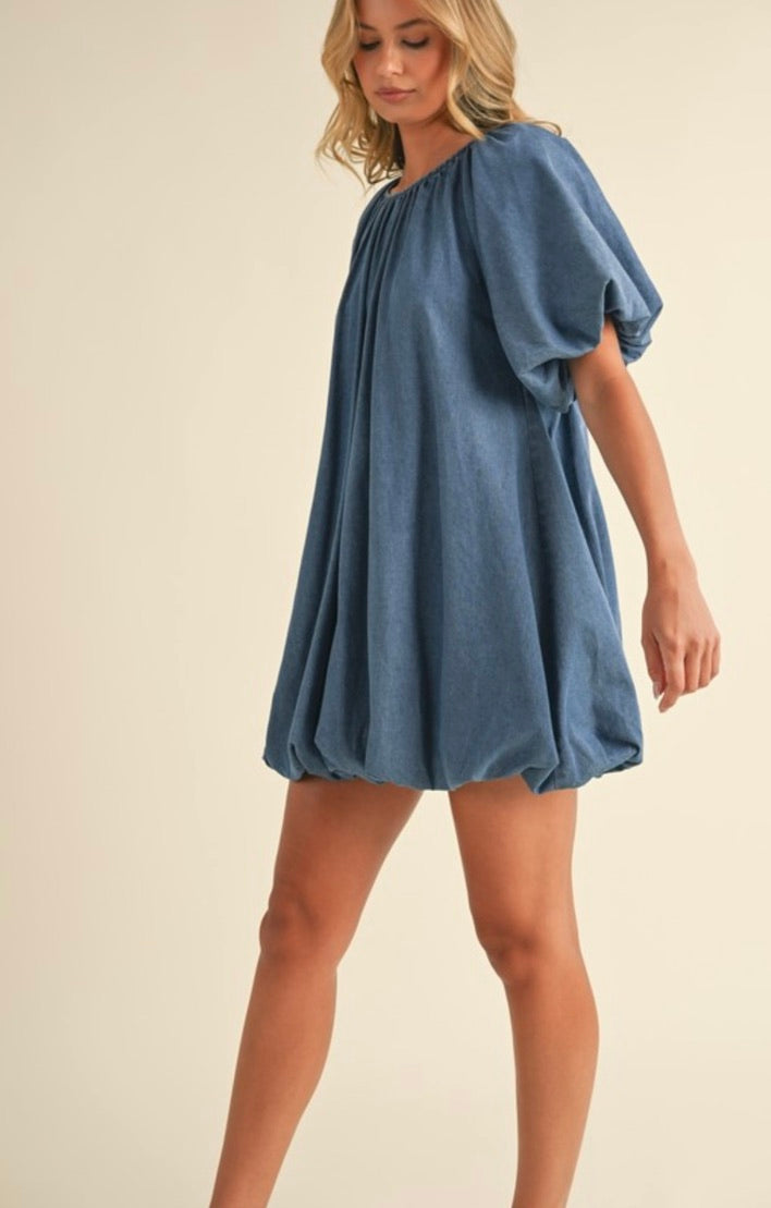 Stylish Denim Puff Sleeve Bubble Mini Dress for Women - Trendy Casual Outfit for Date Night, Parties & Summer Fashion