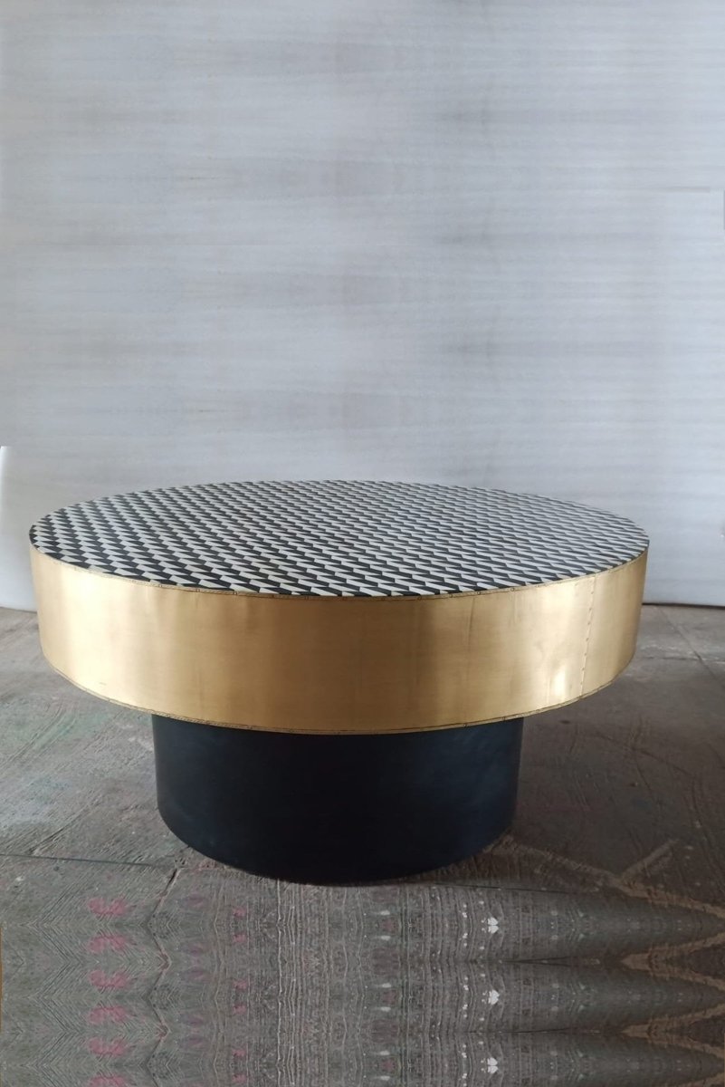 Handmade Bone Inlay Round Coffee Table - Checkerboard Design Center Table for Living Room | Boho Chic Home Decor | Perfect for Lounge, Salon & Office Spaces