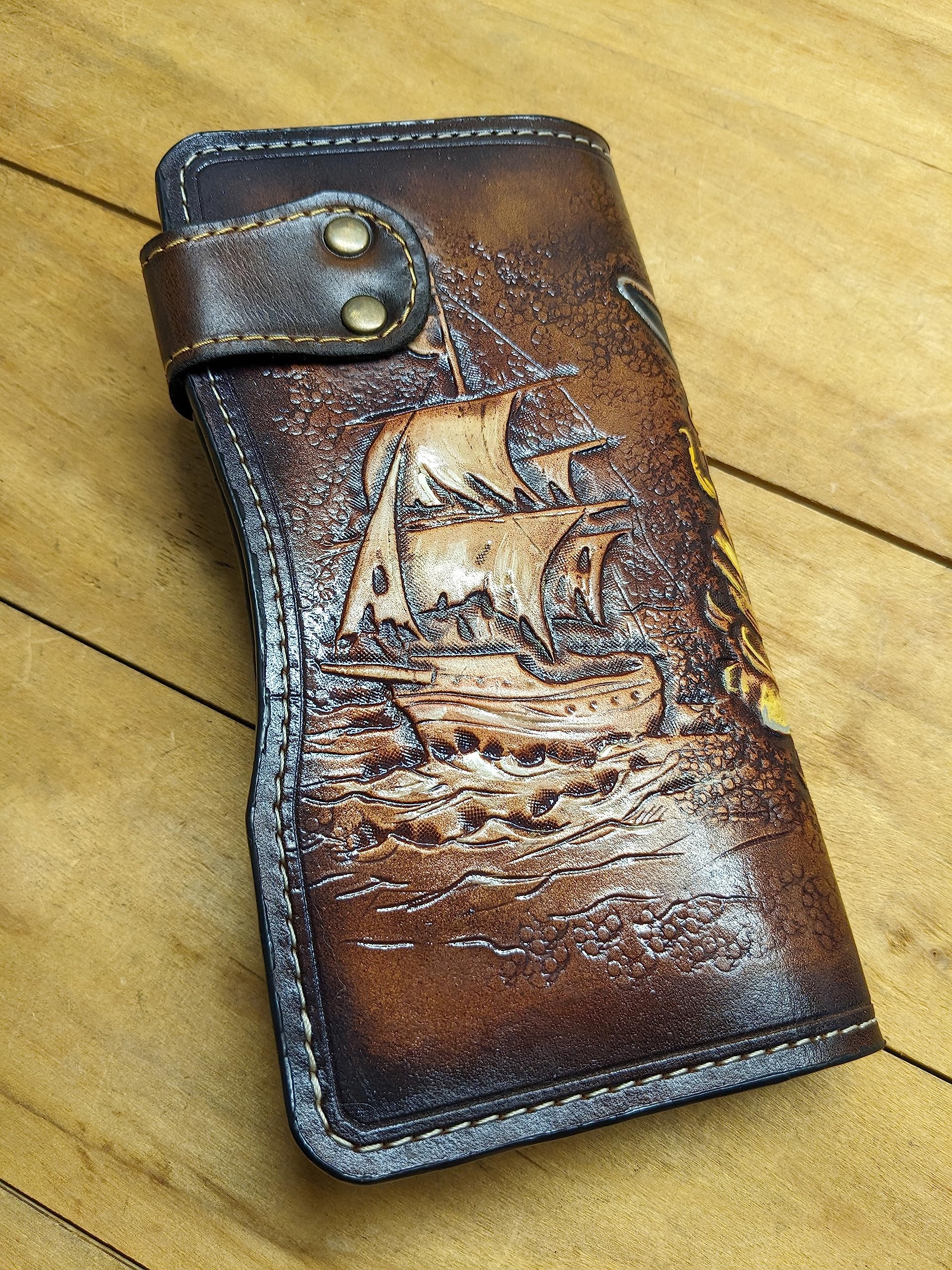 Handmade 3D Genuine Leather Zombie Pirate Ship Wallet for Men - Caribbean Themed Biker Wallet with Airbrush Art, Custom Carved Design, Personalized Long Wallet for Everyday Use & Gift Giving
