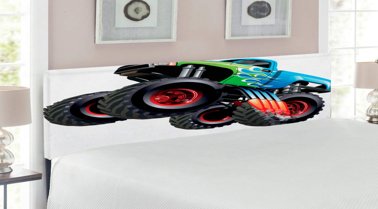 Ambesonne King Size Upholstered Car Headboard - Cartoon Monster Truck Design with Memory Foam, Aqua Green & Black | Perfect for Kids' Bedroom, Teen Boy's Room & Racing Theme Decor