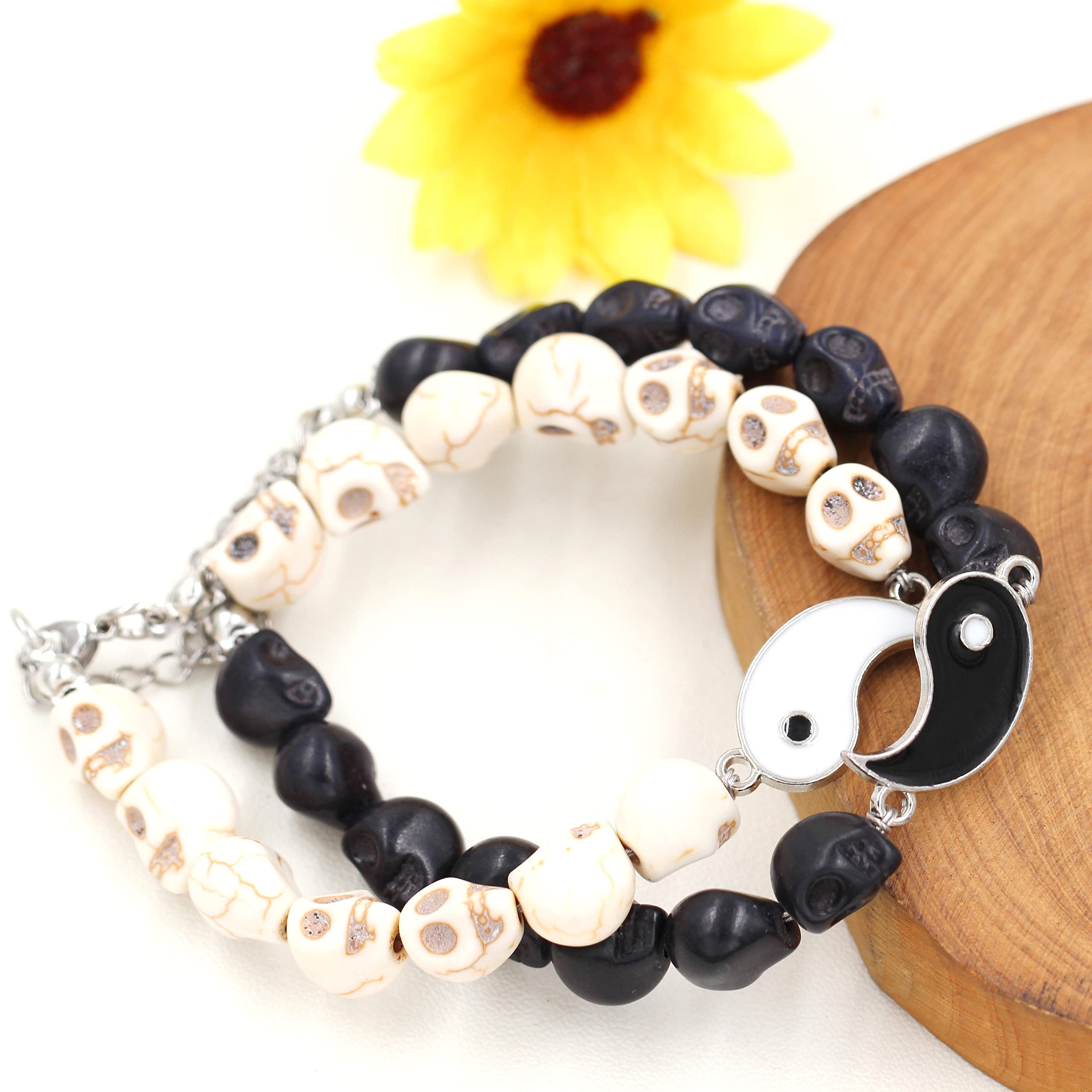 Black and White Skull Beads Yin Yang Bracelet Set for Couples - His and Her Matching Puzzle Bracelets for Men & Women Y2472 - Perfect for Anniversaries, Valentine's Day Gifts and Couple Fashion Accessories