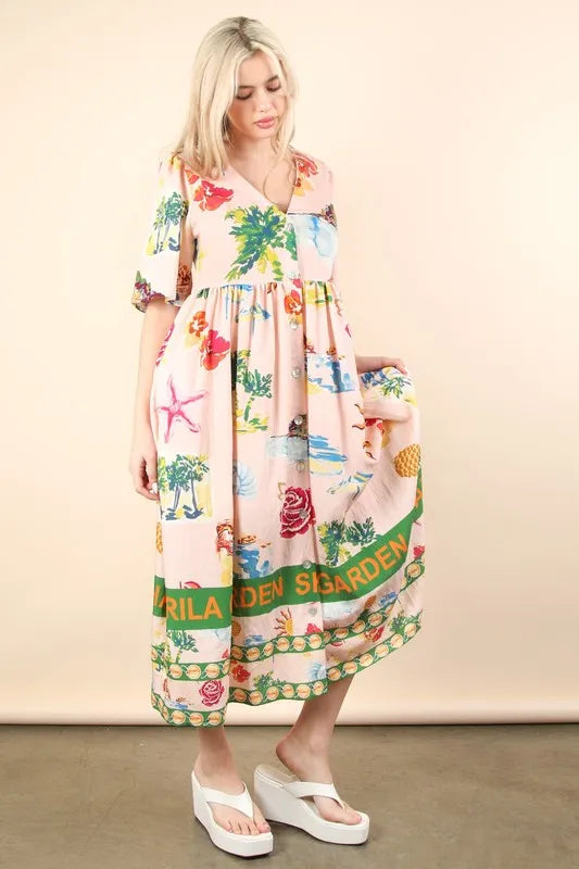Stylish Button Down Printed Summer Midi Dress for Women - Floral Casual Sundress for Beach, Vacation & Outdoor Activities