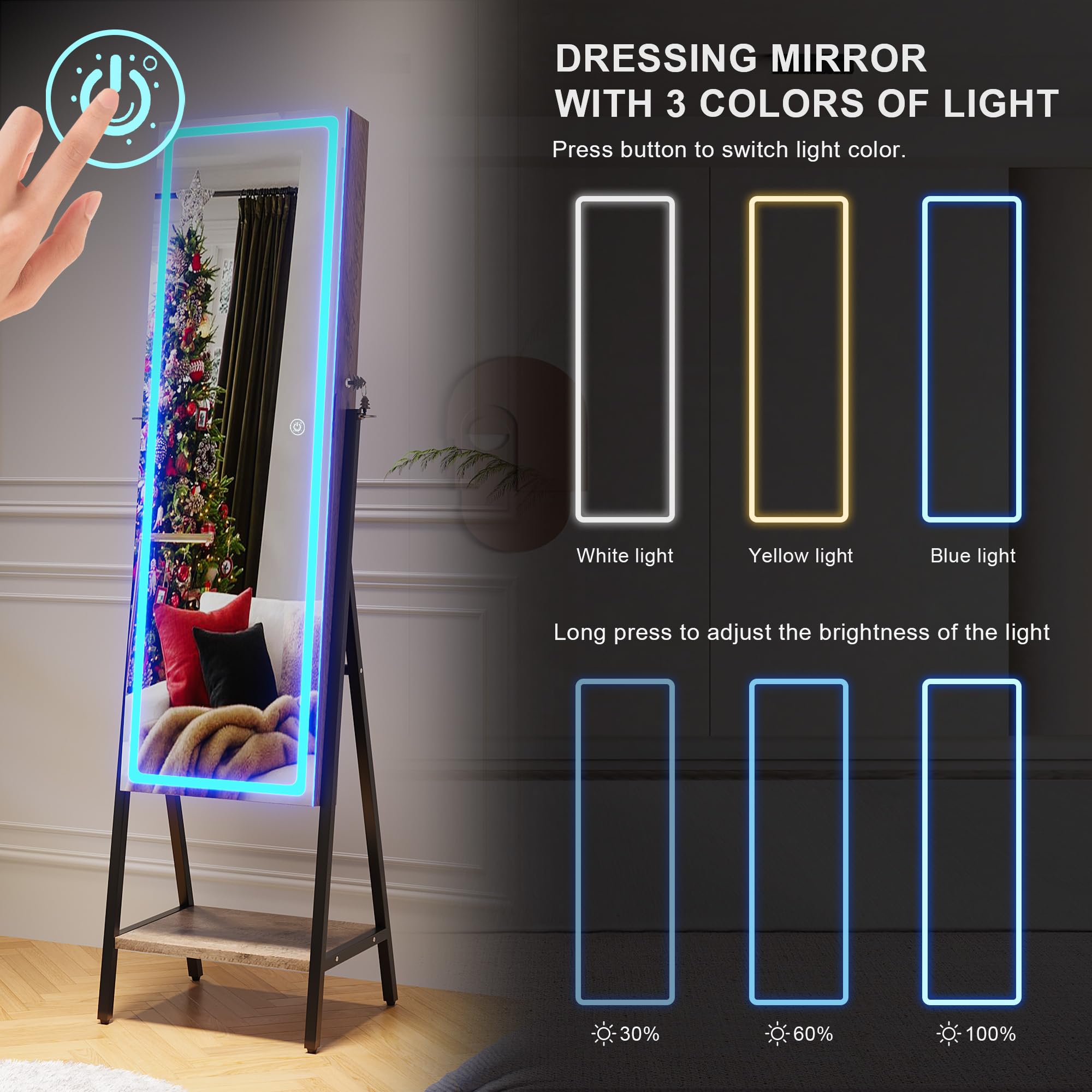 HNEBC LED Mirror Jewelry Cabinet with Lock - Full Length Standing Jewelry Armoire Organizer with Adjustable Lights & Storage | Perfect Christmas Gift for Women | Ideal for Bedroom, Dressing Room & Vanity (B-Brown)