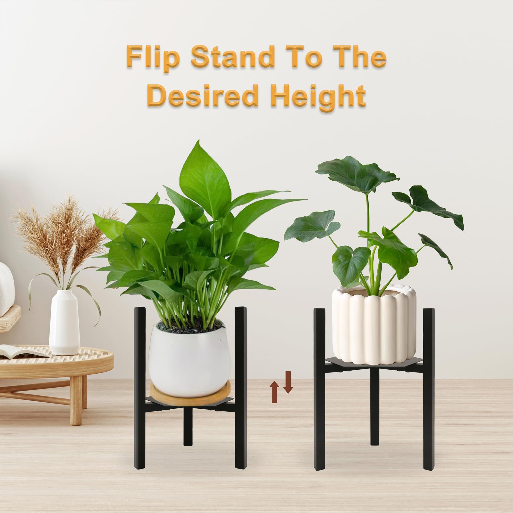 2 Pack Black Metal Adjustable Mid-Century Plant Stand with Hex Trays - Heavy Duty Indoor Plant Holder for Potted Plants (Plant Pot Not Included) - Perfect for Living Room, Bedroom, or Office Decor