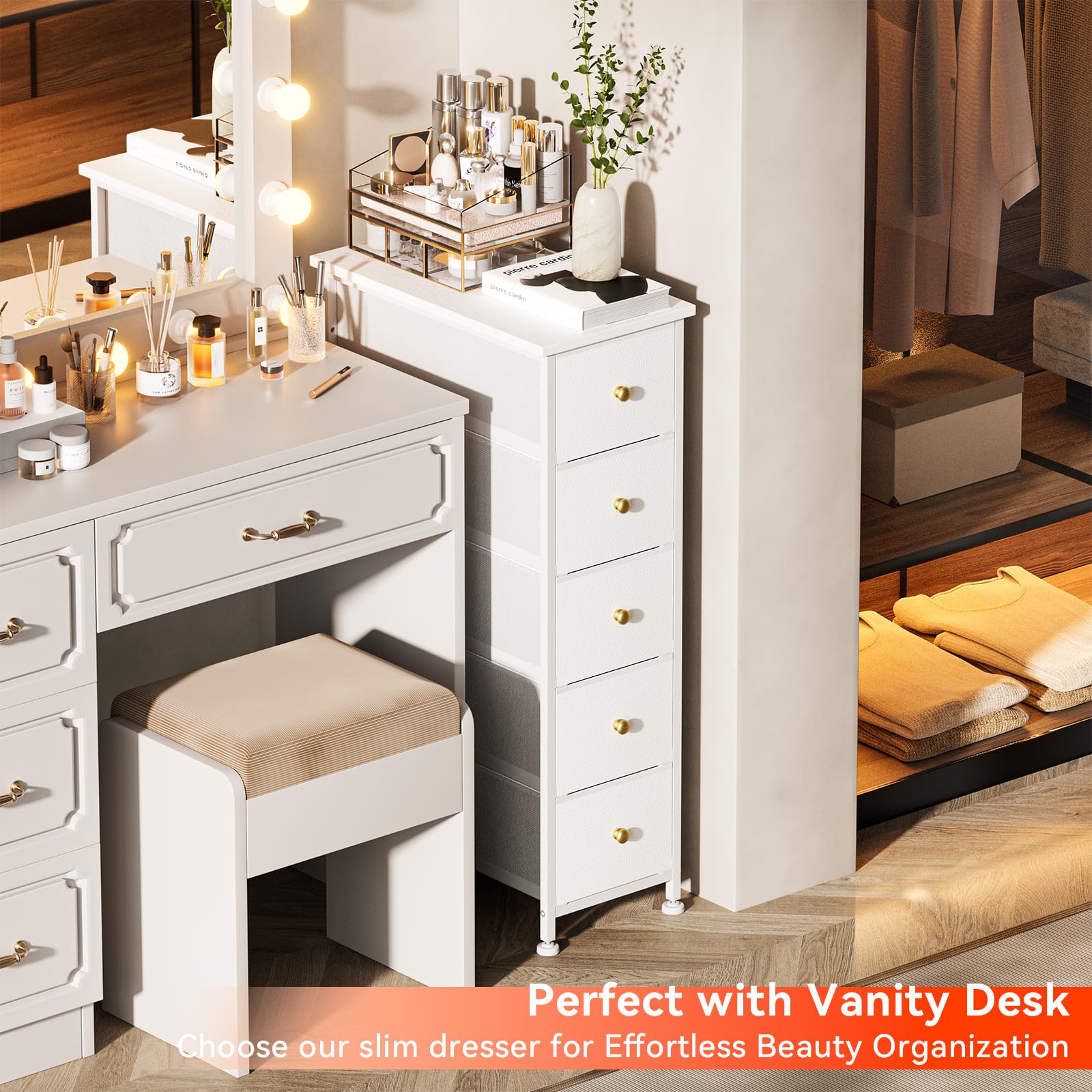 5-Drawer Narrow Dresser Storage Tower - Slim White Dresser with Steel Frame & Wood Top - Golden Knobs - Space-Saving Chest for Bedroom, Bathroom, Laundry, Closet & Small Spaces - Perfect for Organizing Clothes, Towels & Accessories in Compact Areas