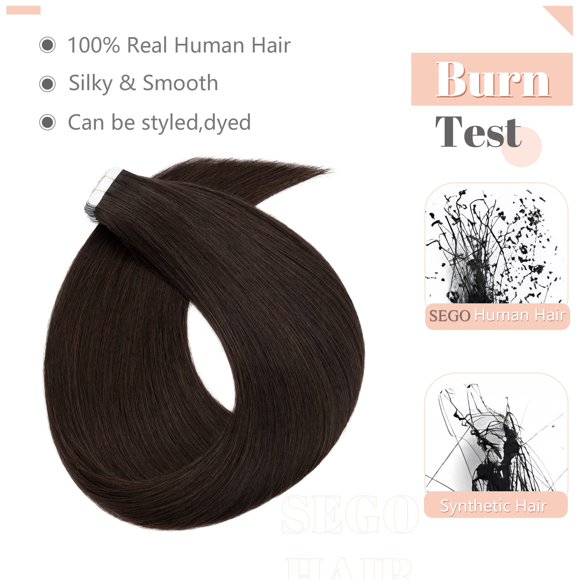SEGO 20 Inch Dark Brown Tape in Human Hair Extensions - 40pcs 100g Straight 100% Remy Hair with Seamless Skin Weft & Invisible Double Sided Tape for Women | Perfect for Daily Wear, Special Occasions & Volume Boosting
