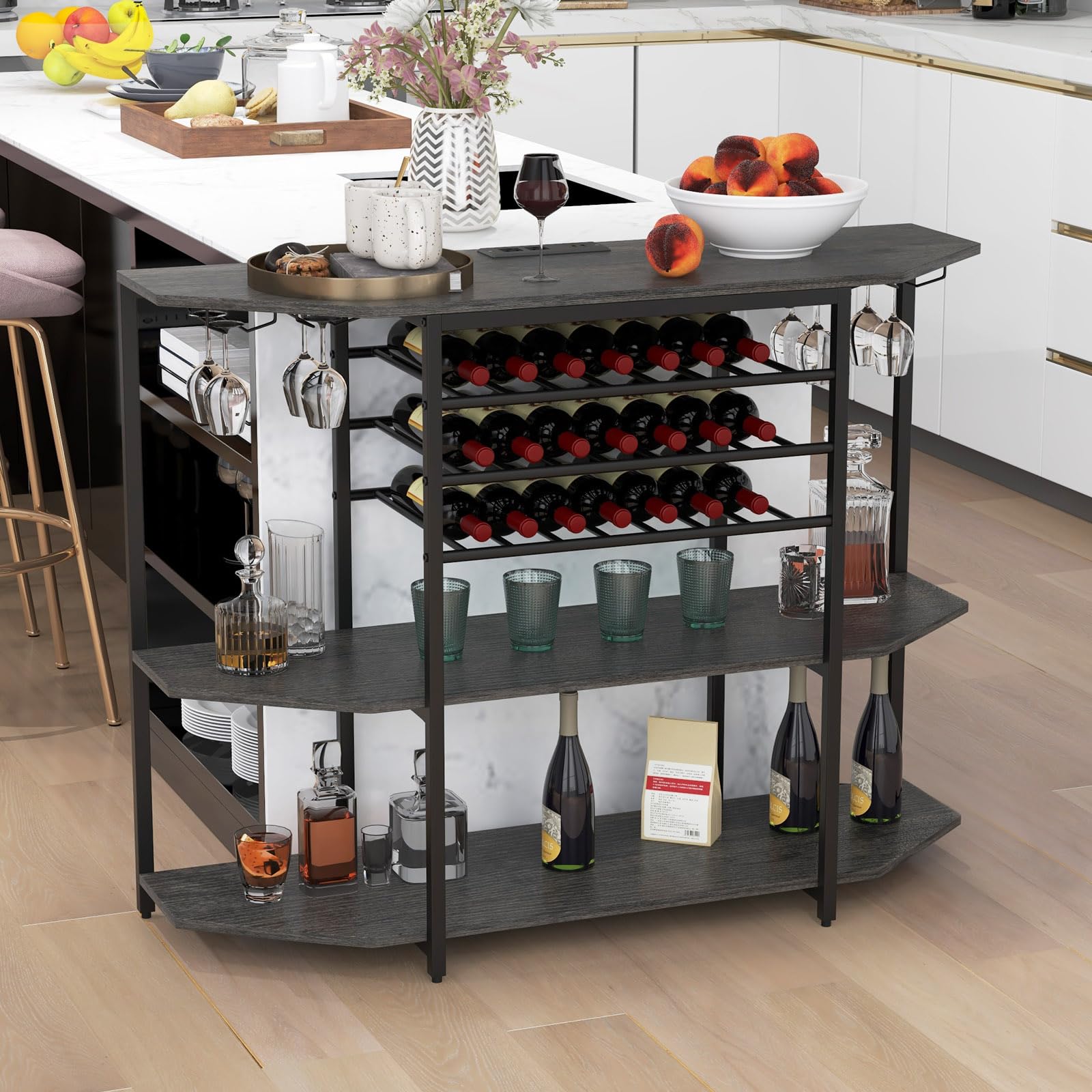 COSTWAY 3-Tier Wine Bar Cabinet with Power Outlets & Storage - Rustic Grey Freestanding Liquor Cabinet with Wine Racks, Glass Holders - Perfect for Kitchen, Dining Room, Home Bar or Entertainment Area