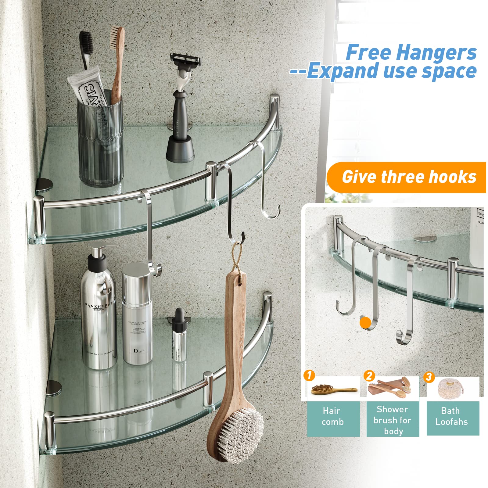 HouseMila 2-Tier Tempered Glass Corner Shower Shelf Organizer with 3 Bonus Hangers - Rustproof Bathroom Storage for Shampoo, Soap & Accessories - Perfect for Small Showers & Tight Spaces