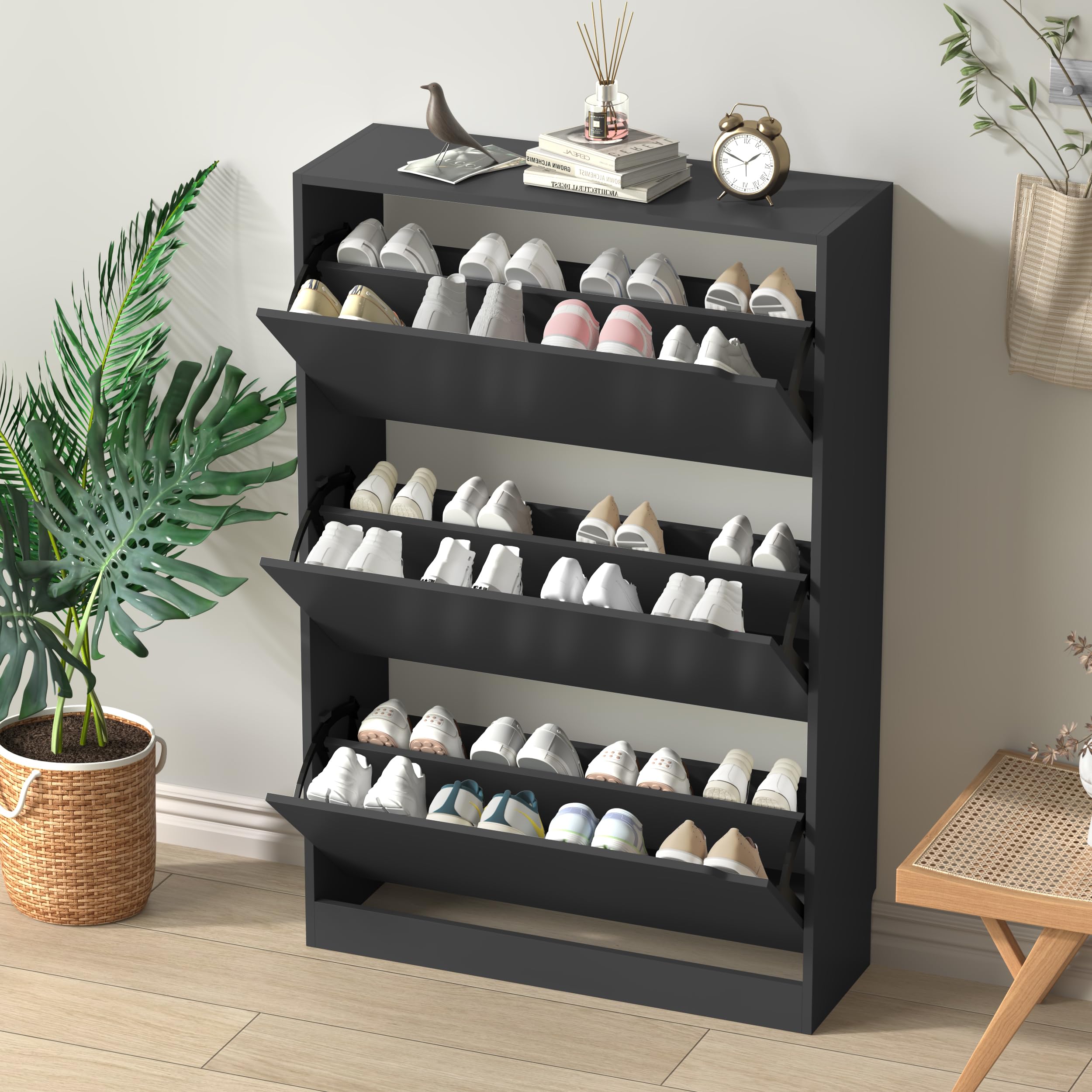 Modern Shoe Cabinet with 3 Flip Drawers - Entryway & Hallway Storage Organizer, Black (9.33