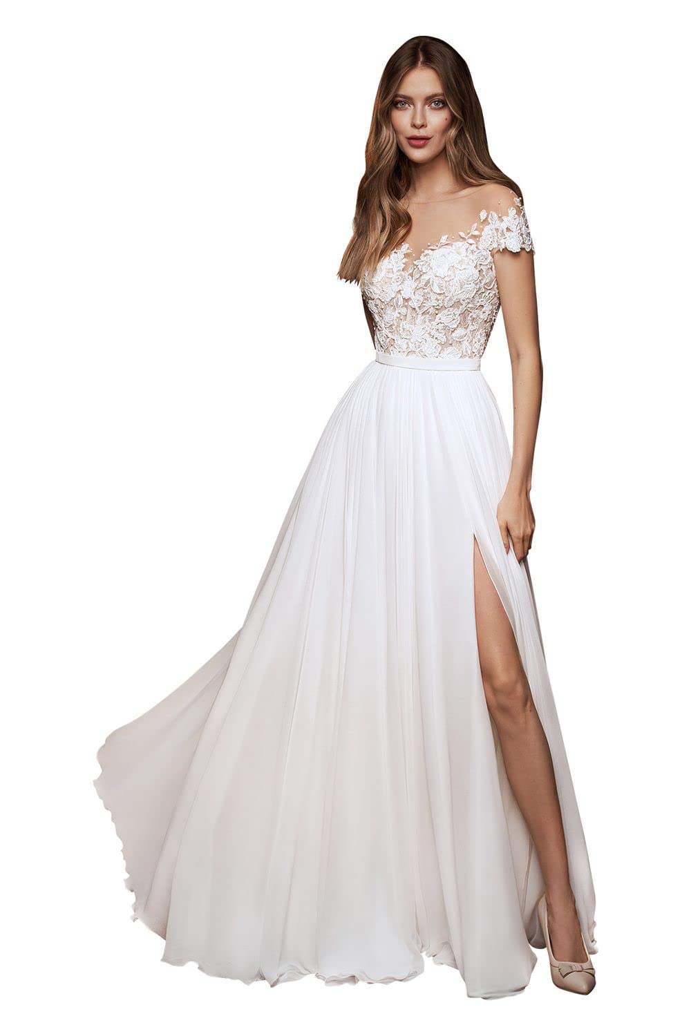 TIRAS Women's Bohemian Lace Beach Wedding Dress - Elegant Appliqued Bridal Gown for Outdoor Ceremonies & Destination Weddings (Style CM001)