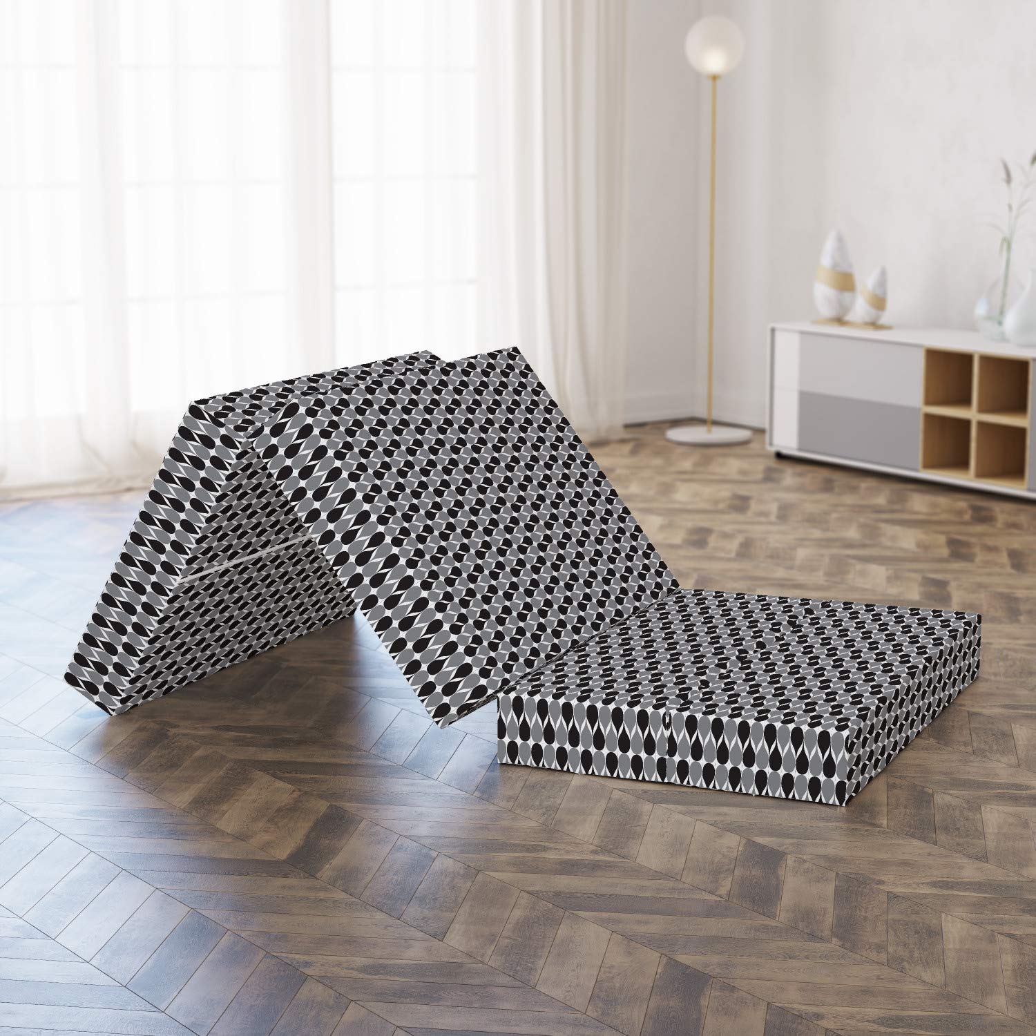 Ambesonne Retro Foldable Mattress - Abstract Classic Wavy Ovals Design, 74.8
