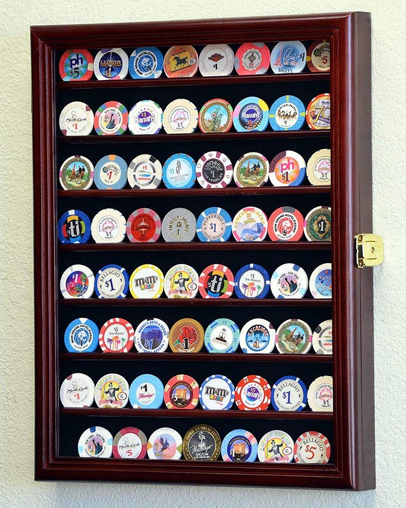 64 Casino Chip Display Case - Lockable Wall Cabinet with UV Protection for Poker Chips & Collectibles - Perfect for Home Game Rooms, Man Caves, and Casino Themed Decor (Cherry Finish)