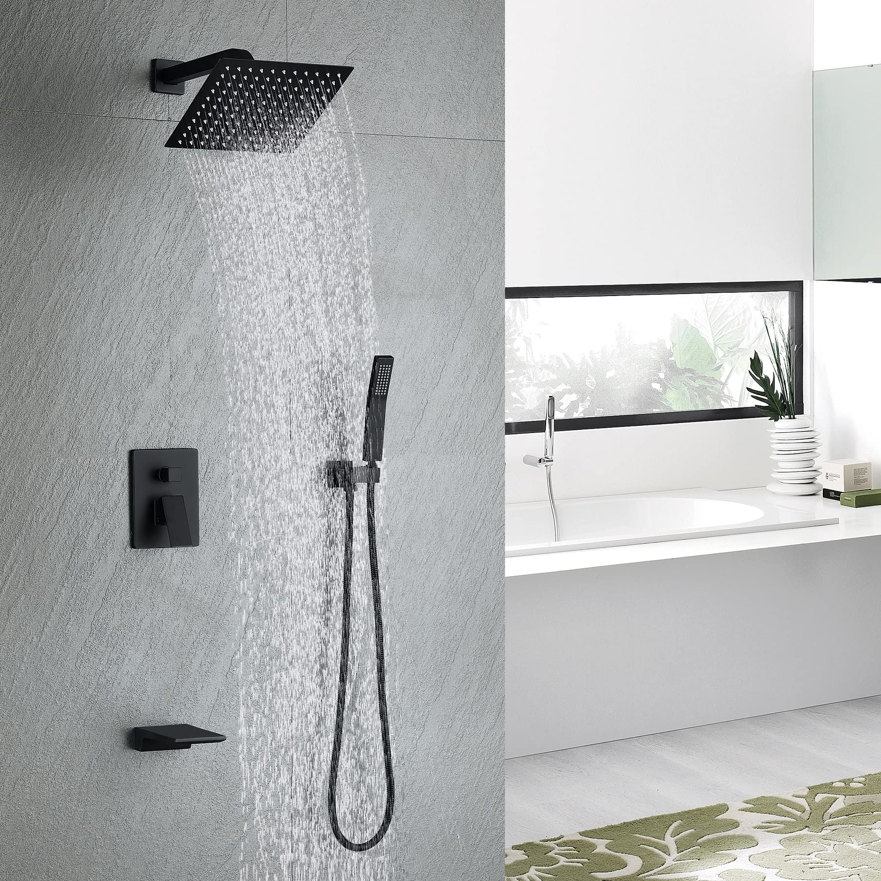 Premium Matte Black Bathtub Shower System - 10 Inch Rainfall Shower Head & Handheld Spray Combo with Rough-in Valve & Trim Kit | Modern Bathroom Upgrade for Spa-Like Experience
