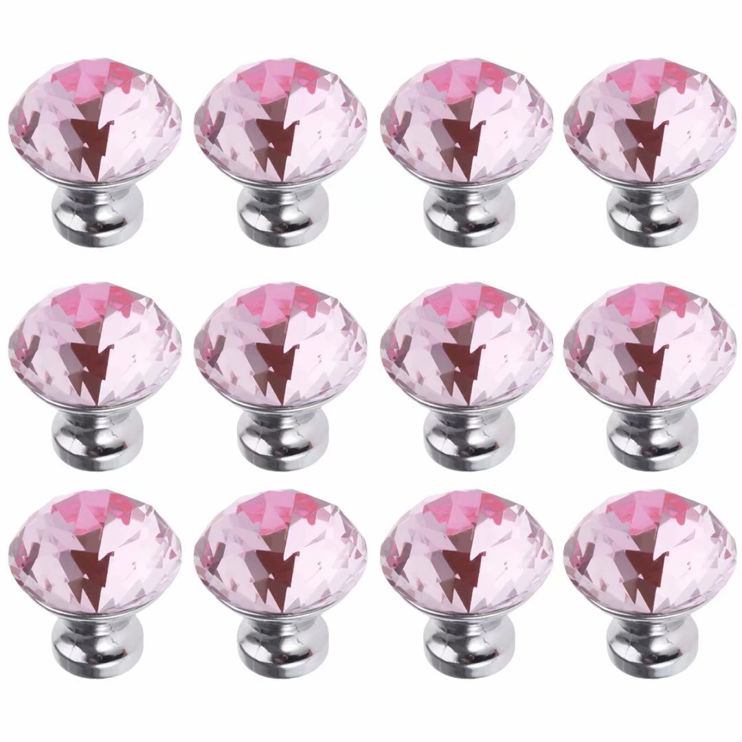 Pink Crystal Cabinet Knobs - 12PCs for Kitchen, Wardrobe & Drawer