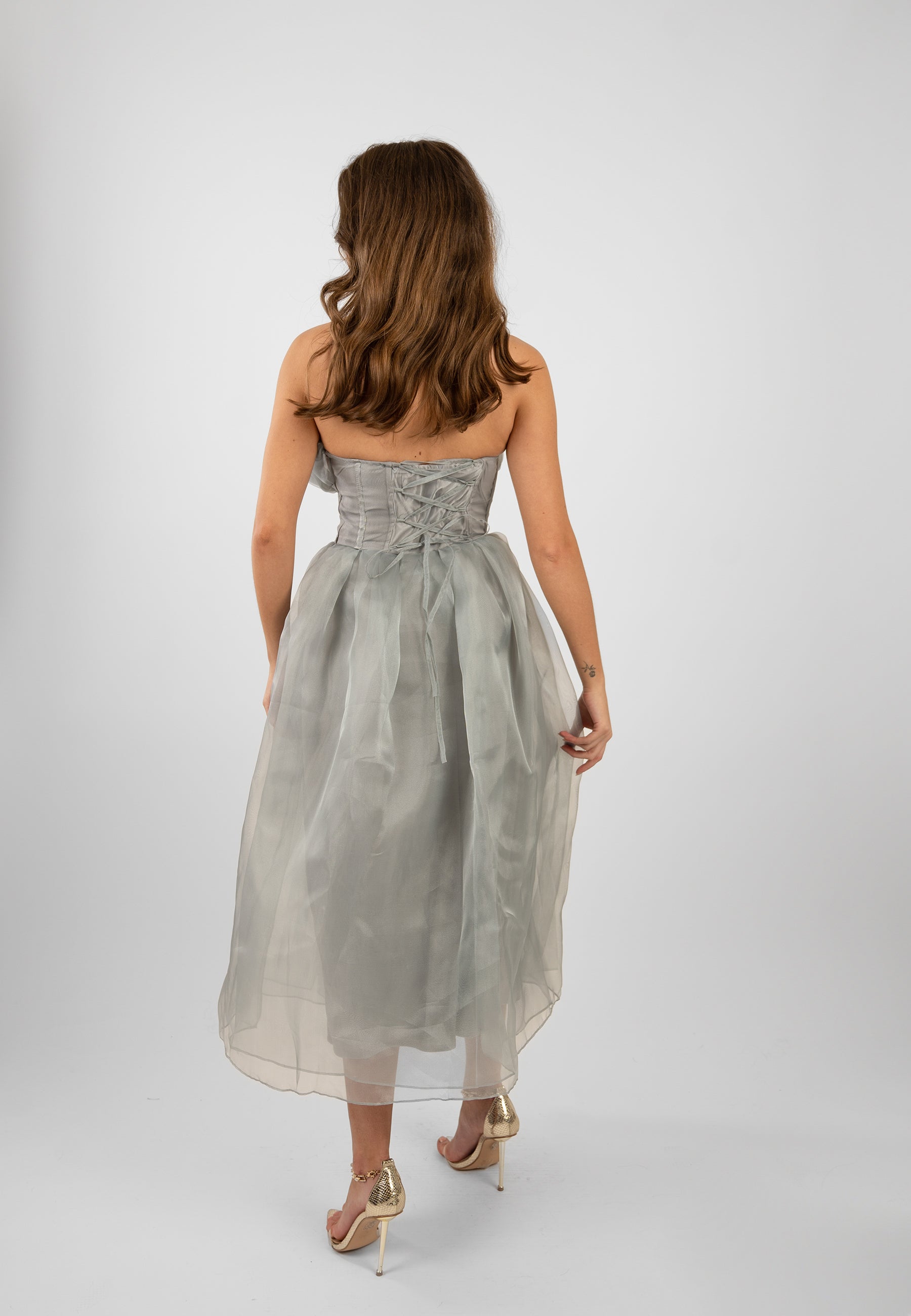 Elegant Grey Organza Midi Dress for Women | Noah Formal & Party Dress | Perfect for Weddings, Cocktail Parties & Special Occasions