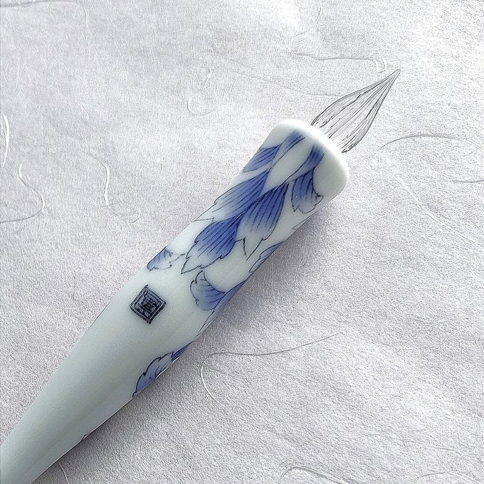 Imari Yaki Japanese Glass Dip Pen - Elegant White & Blue Floral Pattern for Calligraphy, Art & Letter Writing | Premium Handmade Glass Nib Pen for Ink Drawing, Journaling & Gift Giving